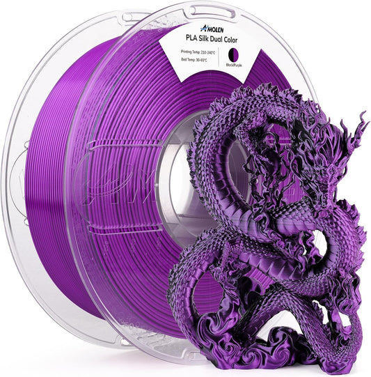 AMOLEN Silk PLA 3D Printer Filament, Dual Color PLA 1.75mm Shiny Color Change Filament 3D Printing PLA Filament for Most FDM 3D Printer, 1kg Spool(2.2lbs), Black Purple