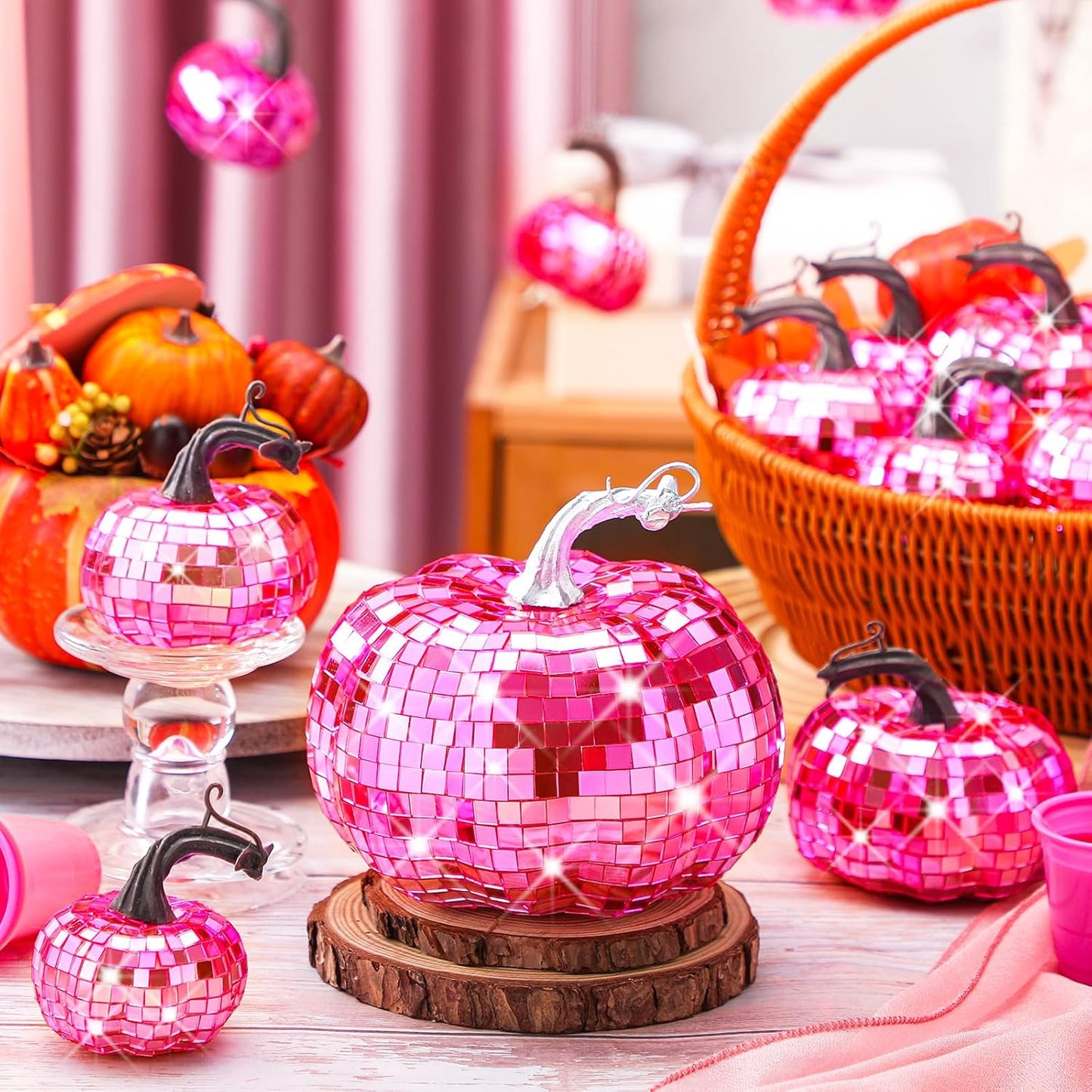 Lenwen 12 Pcs Artificial Disco Pumpkin Glitter Mirror Pumpkin for Decorating Fall Farmhouse Hanging Ornament Harvest Decor for Halloween Thanksgiving Table Centerpiece(Bright Pink)