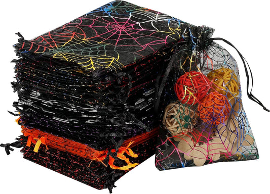 WenTao Halloween Organza Bags, Black Spider Web Favor Gift Bags with Drawstring, 4 x 6 inches Jewelry Gift Bags for Christmas, Halloween, Festival, Pouches Candy Mesh Pouches