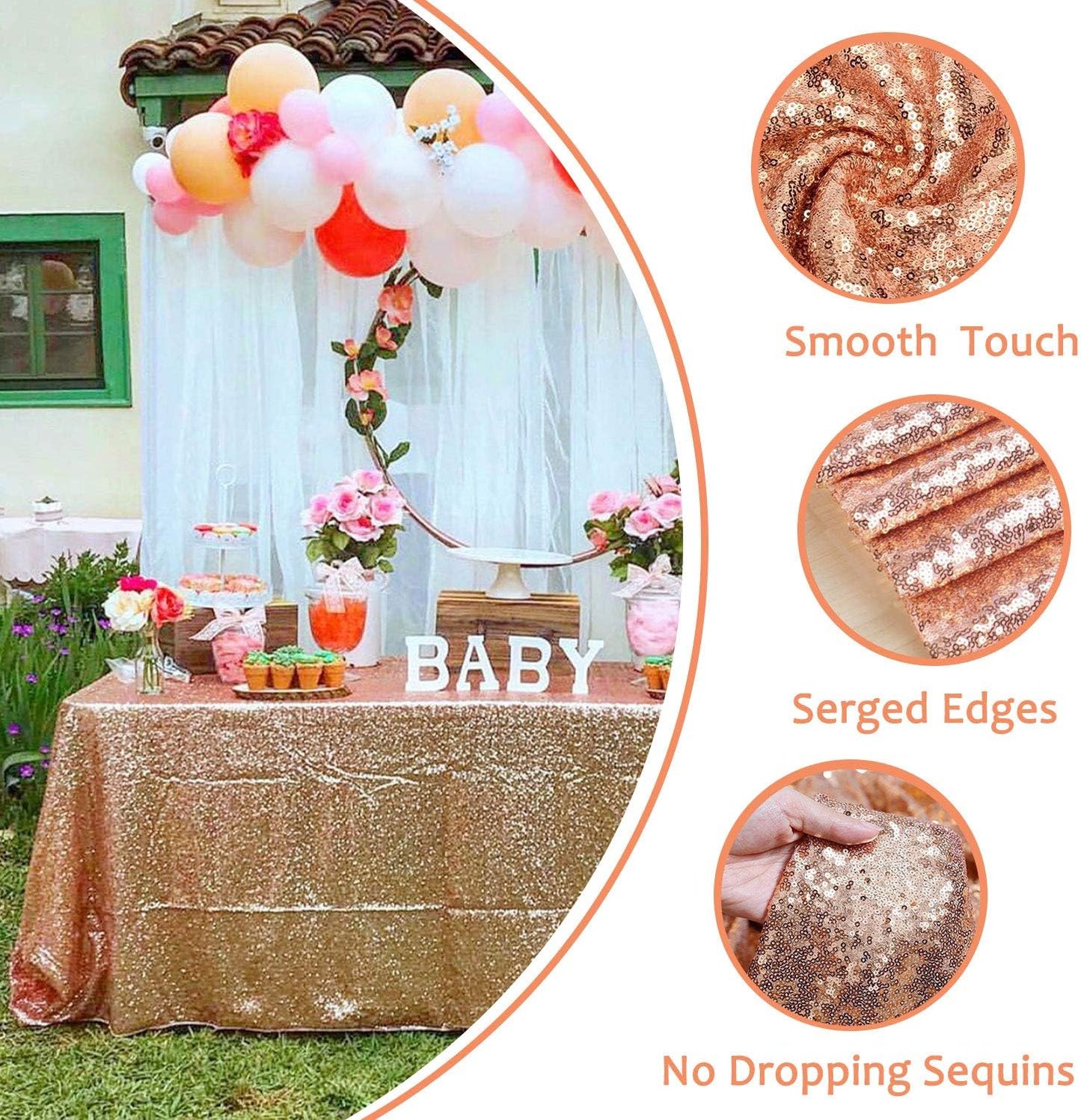 QueenDream Tablecloth 90x156 Rectangle Sequin Table Cloth Rose Gold Wedding Table Linens Glitter Birthday Bridal Party Indoor Outdoor Decorations