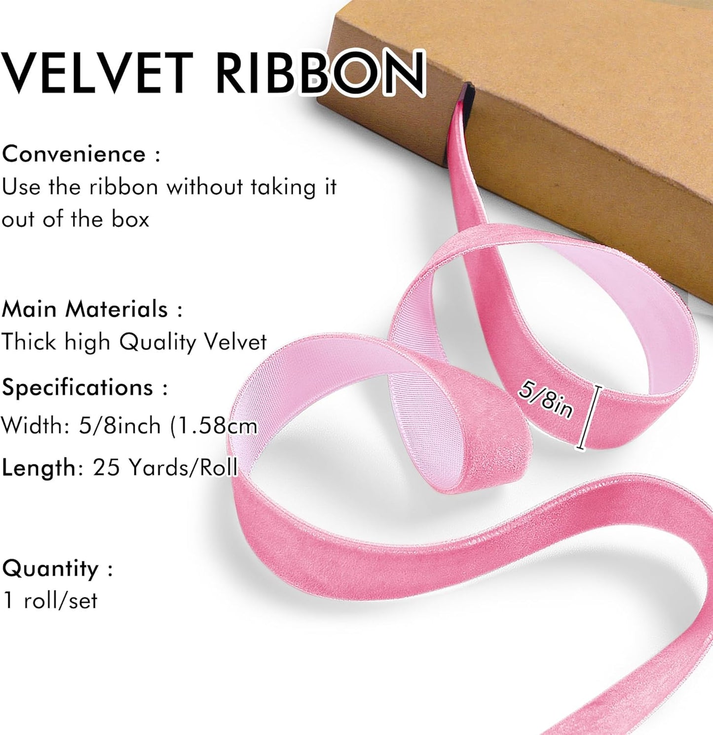 Pink Velvet Ribbon 5/8'' 25 Yards for Christmas Tree, Gift Wrapping, Flower Bouquet, Wreath Decorations, Bow Making