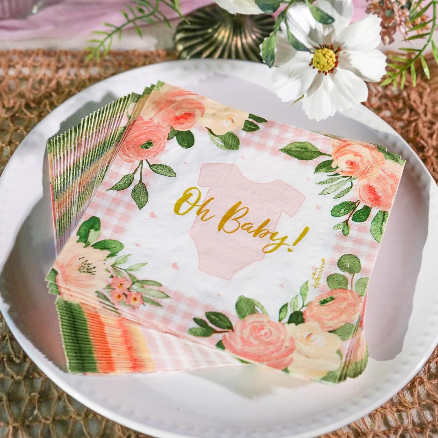 Kate Aspen Baby Shower Onesie Pink Floral & Gingham Tableware Set - 62pc. 16pcs 7 inch & 16pcs 9 inch Heavy Duty Disposable Party Plates, 30pcs 6.5 inch Durable Paper Napkins