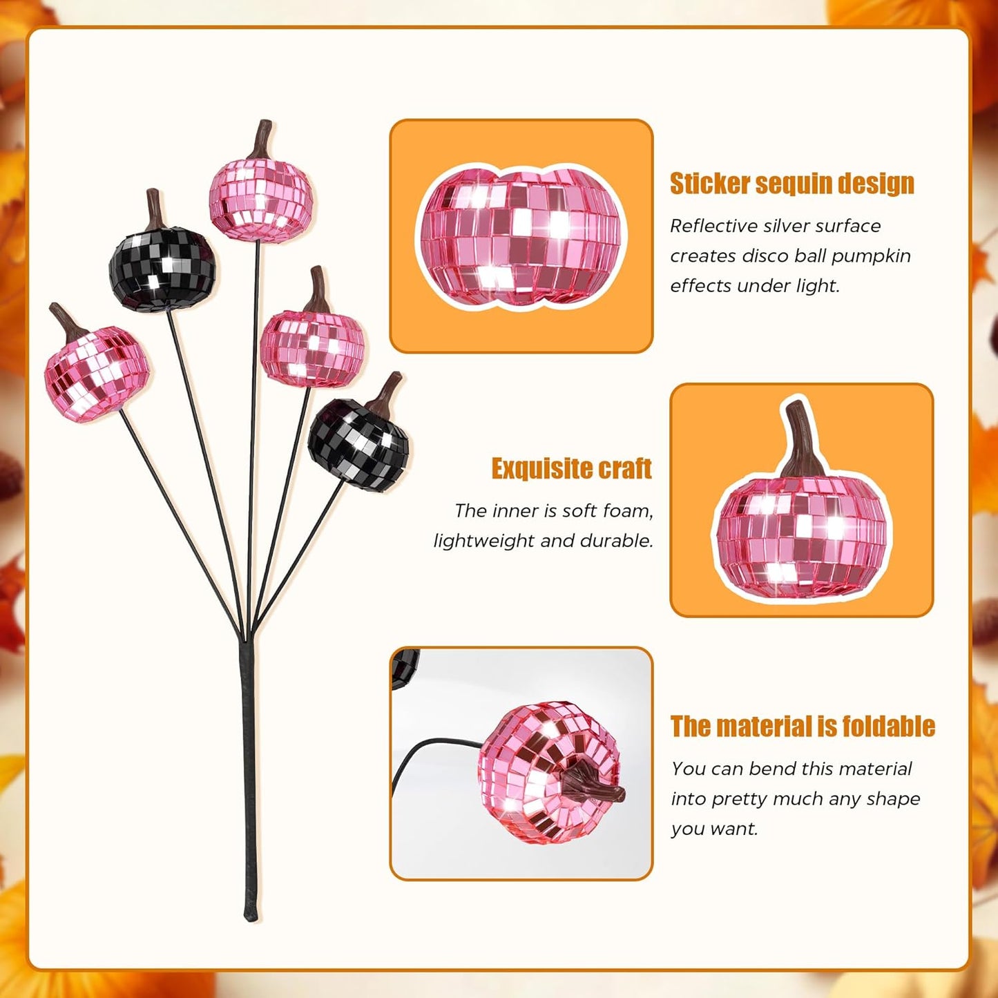 20Pcs Disco Halloween Decor, Disco Pumpkin Table Decoration, 14 Inch Artificial Glitter Mirror Pumpkin Sticks Ornament Halloween Branches for Table Centerpiece Party Decor