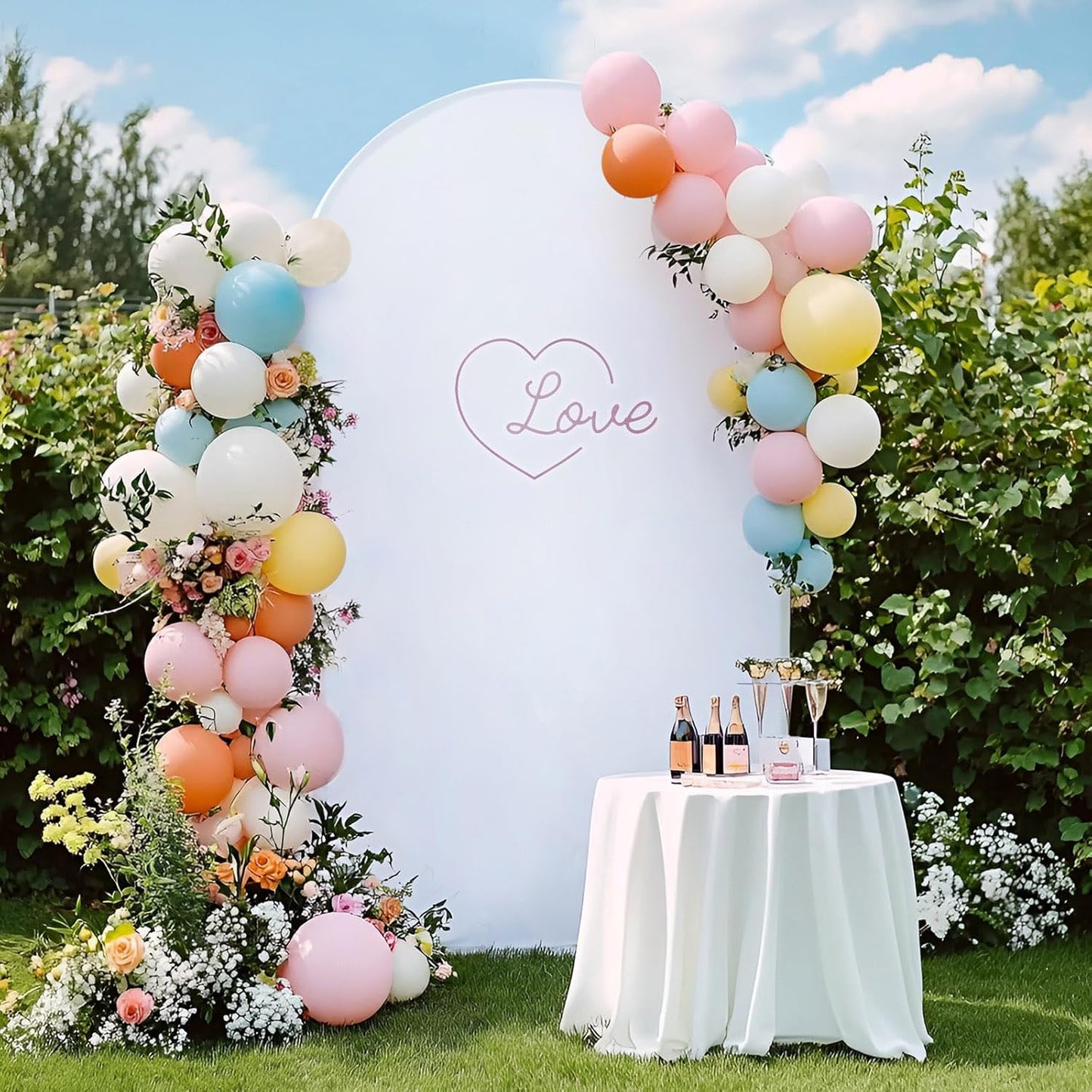 Skypatio 7.2FT Wedding Metal Arch Backdrop Stand with White Backdrop Cover, Balloon Gold Arch Stand for Birthday Party Baby Shower Wedding Decoration Stand for Backdrop