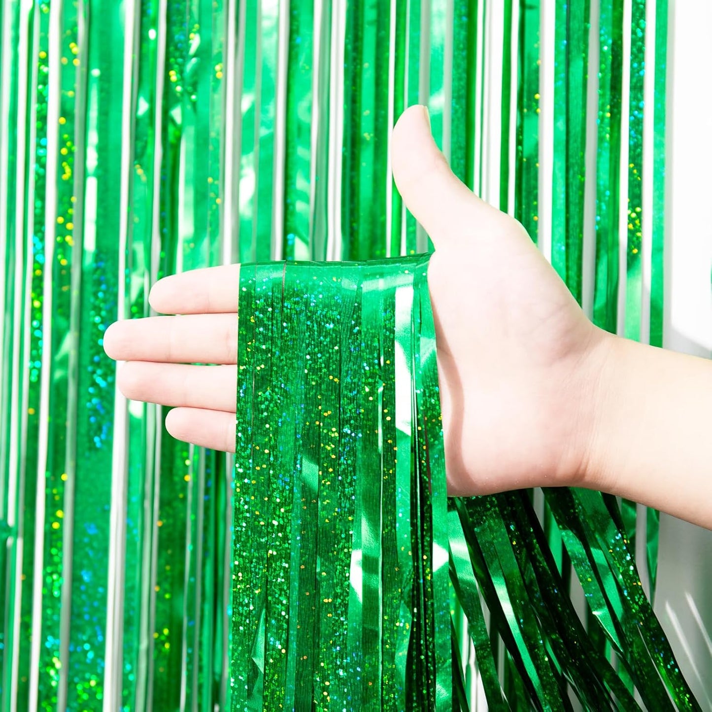 2 Pack Laser Green Tinsel Foil Fringe Curtains, Green Party Decorations, Metallic Tinsel Party Streamers Backdrop for Birthday Baby Shower St Patrick's Day Christmas Party Decorations