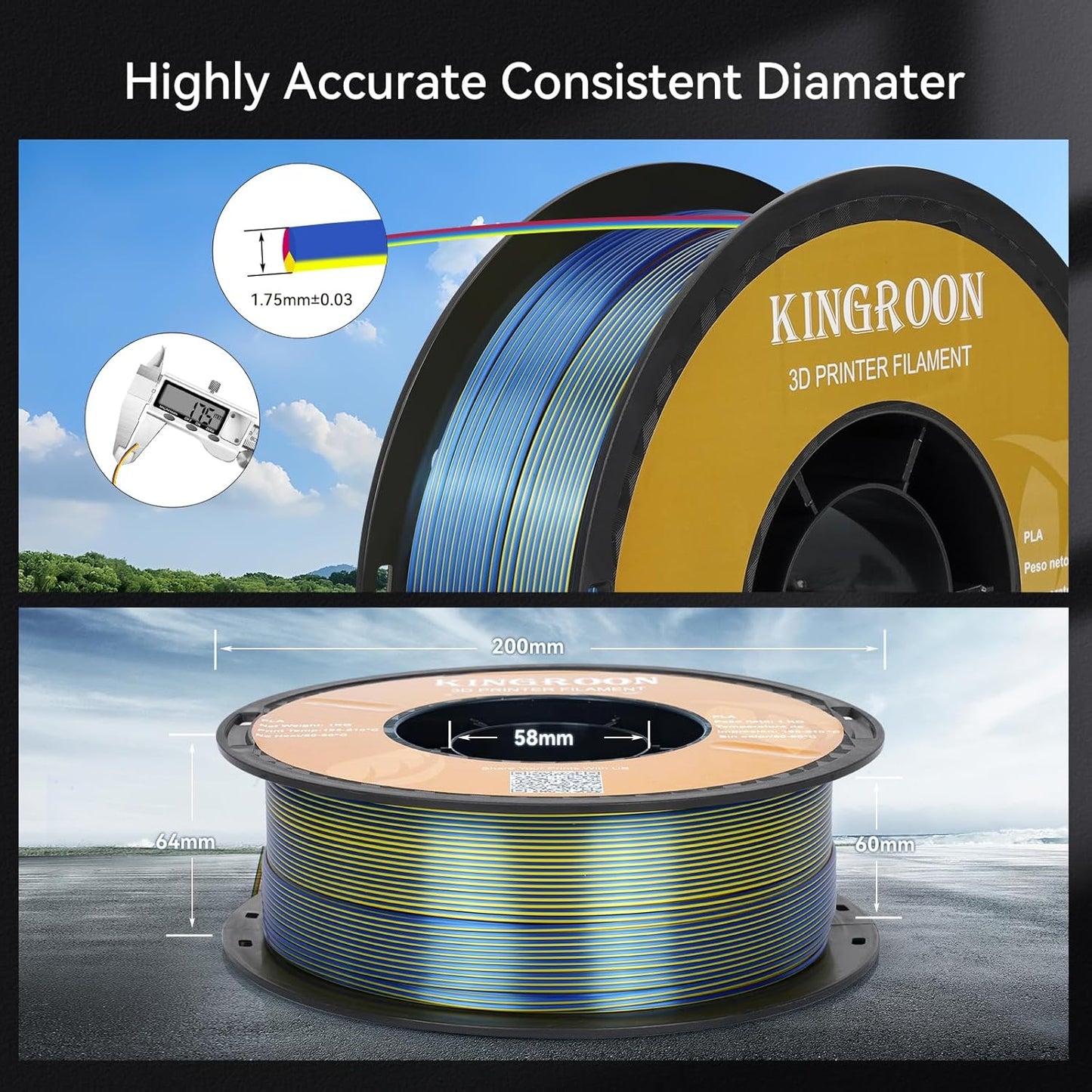 Kingroon Silk PLA Triple Color,3D Printer Filament,Pla Filament 1.75mm,Multicolor Filament 1KG,Dimensional Accuracy +/- 0.03mm,for Most FDM 3D Printer,Red Yellow Blue