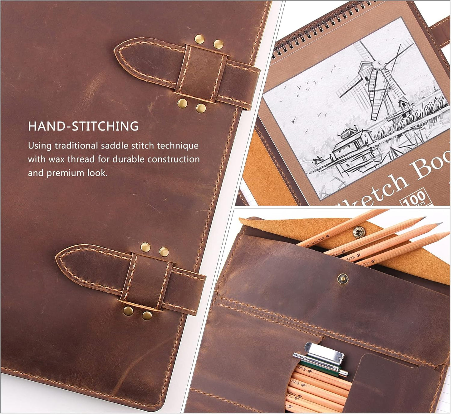 Robrasim Handmade Leather Sketchbook Cover, Artist Sketch Pad Holder for 9"X12" Top Spiral Bound Sketchbook, Drawing Book Pencil Case, Journal Portfolio with Shoulder Strap, Artist Gifts,Brown