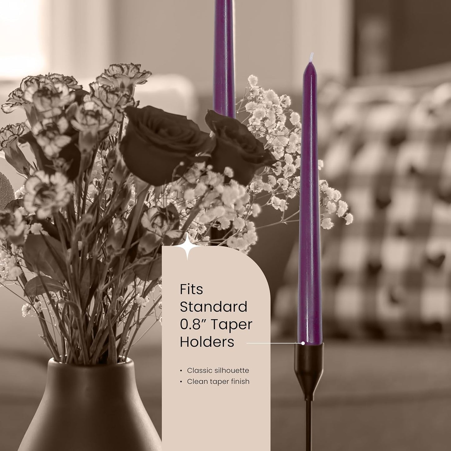 Leor & Lair Purple Taper Candles - 4 Pack 10" Purple Candlesticks - Unscented Long Burning Candle Sticks for Home Decoration, Dinner Table, Holidays, Weddings, Restaurants & Events