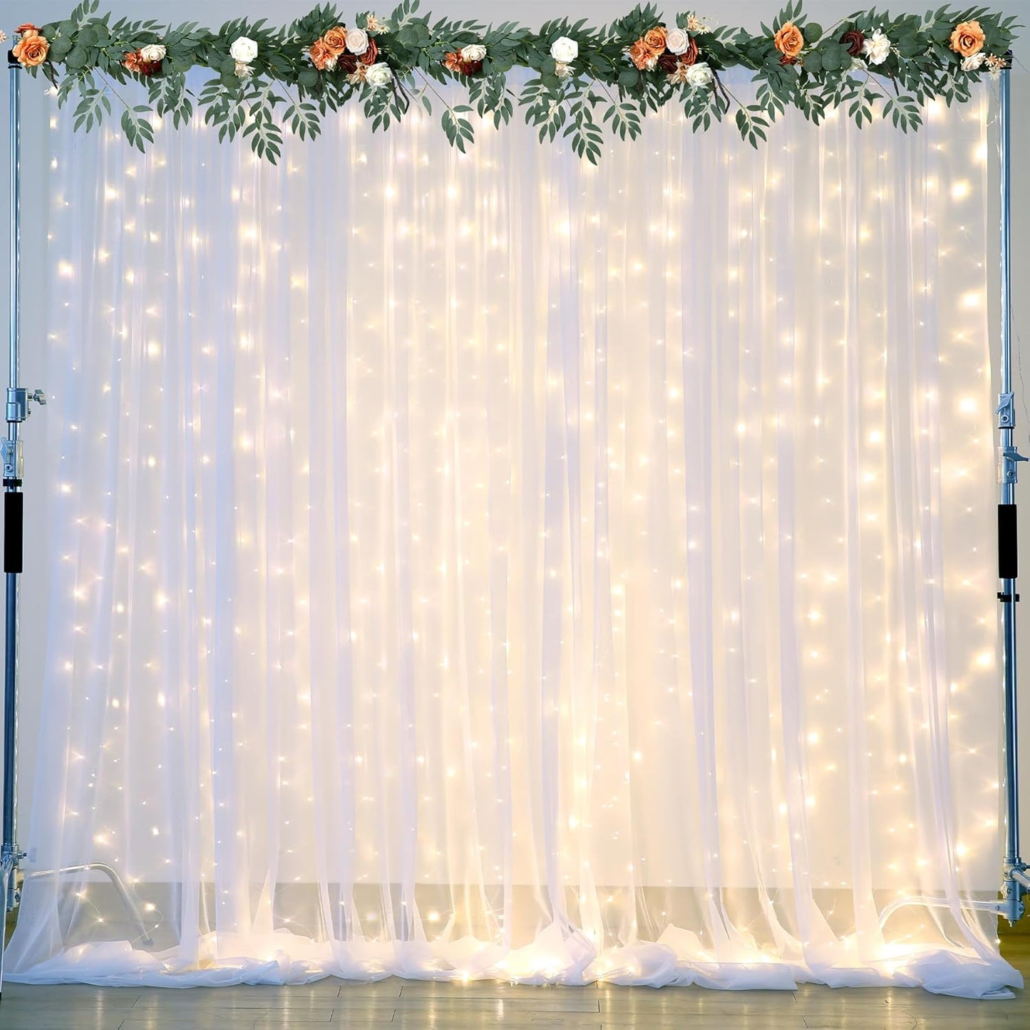 White Tulle Backdrop Curtain with Lights String for Parties Wedding Bridal Shower Sheer White Curtain Backdrop for Birthday Baby Shower Photo Booth Photography Background Decorations 20ft x 10ft