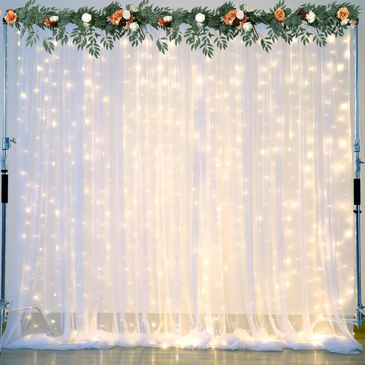 White Tulle Backdrop Curtain with Lights String for Parties Wedding Bridal Shower Sheer White Curtain Backdrop for Birthday Baby Shower Photo Booth Photography Background Decorations 20ft x 10ft