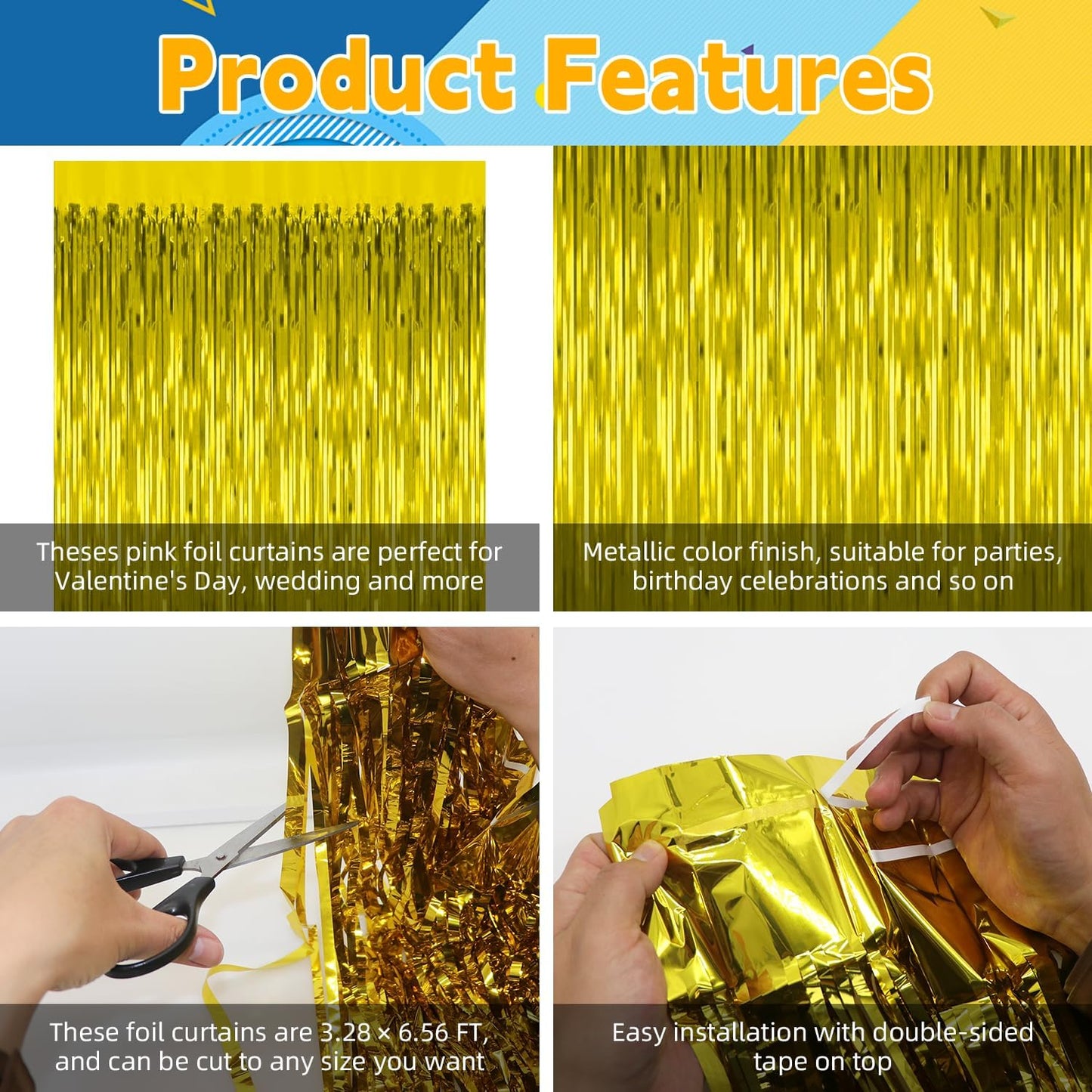 3 Pack Gold Fringe Curtain Backdrop Birthday Bachelorette Party Decorations Metallic Tinsel Streamers Foil Backdrop Graduation Wedding New Year Party Decorations