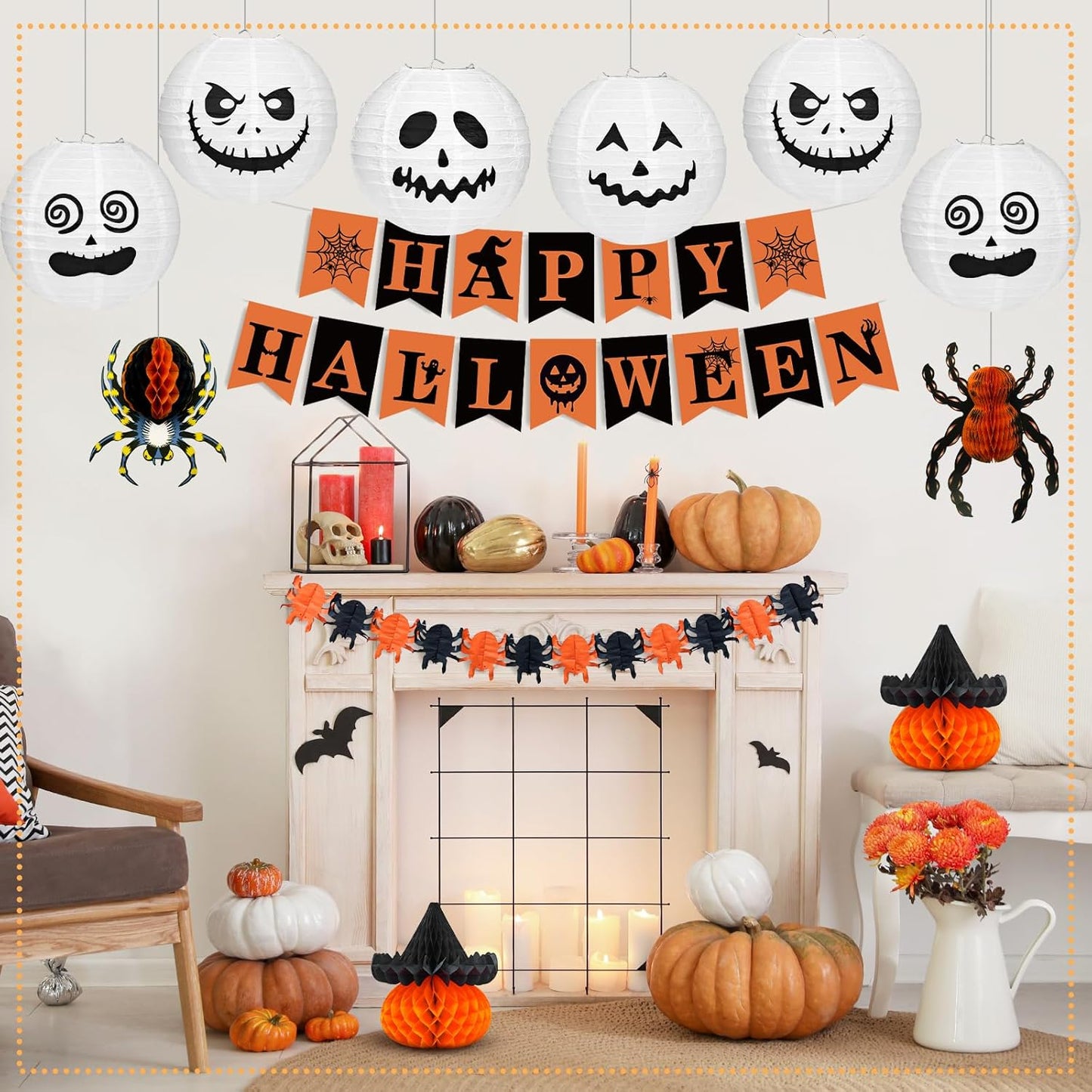 Halloween Office Decorations Indoor Kit - Pumpkin Lanterns, Bats Skull Head Banner, Spider Pumpkin Hanging Happy Halloween Banner For Office Classroom Home 14PCS