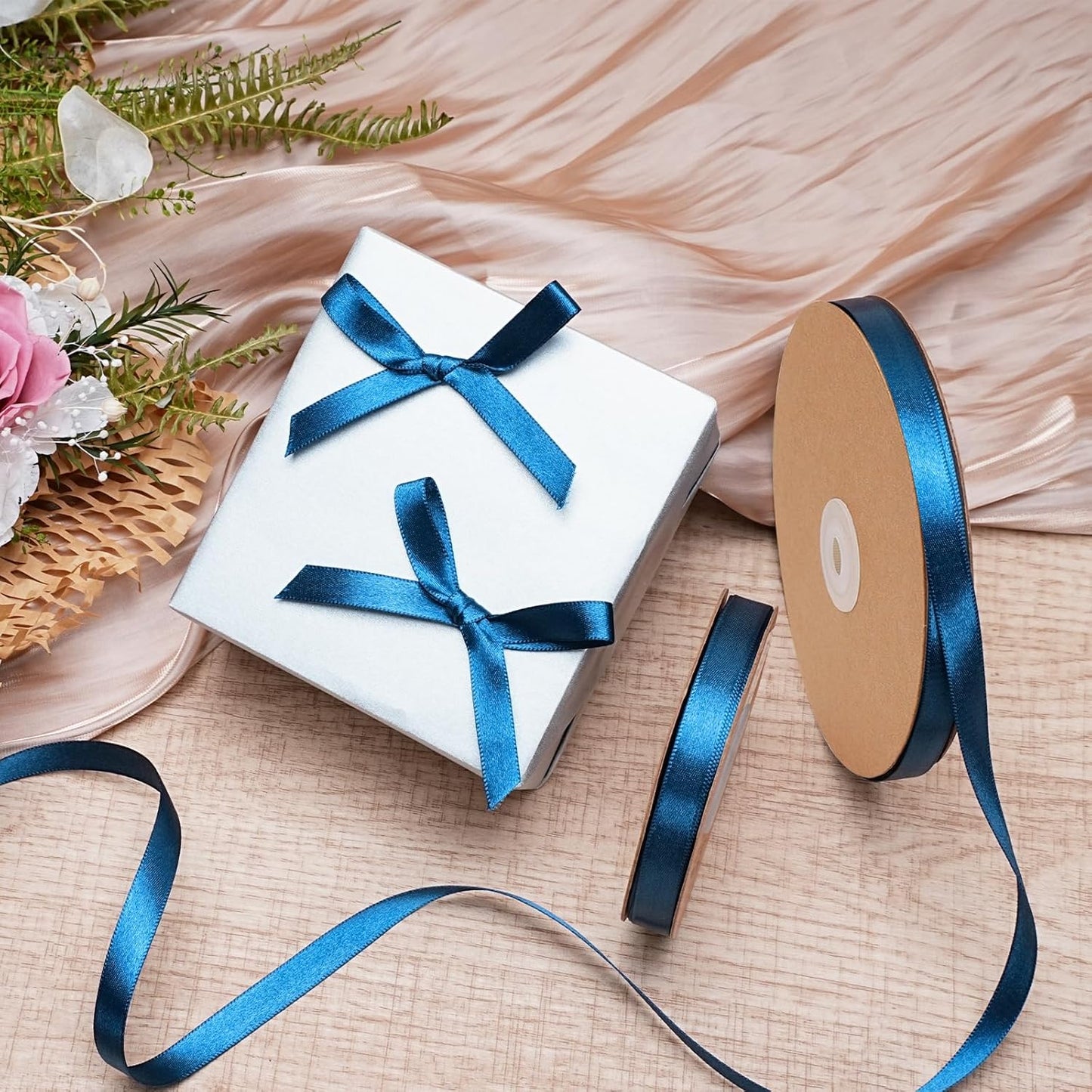 LaRibbons Navy Satin Ribbon 3/8 Inch 25 Yards Luxury Double Faced Blue Silk Ribbon for Flower Bouquet Crafts Gift Wrapping Wedding Party Graduation Decoration