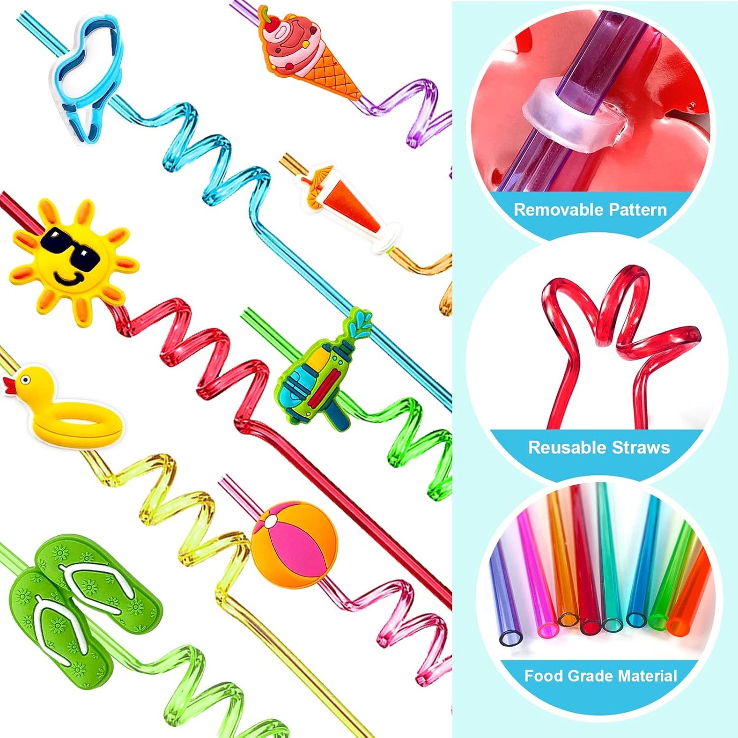 24Pcs Beach Drinking Straws Beach Ball Pool Summer Birthday Party Supplies Decorations with 2Pcs Cleaning Brushes