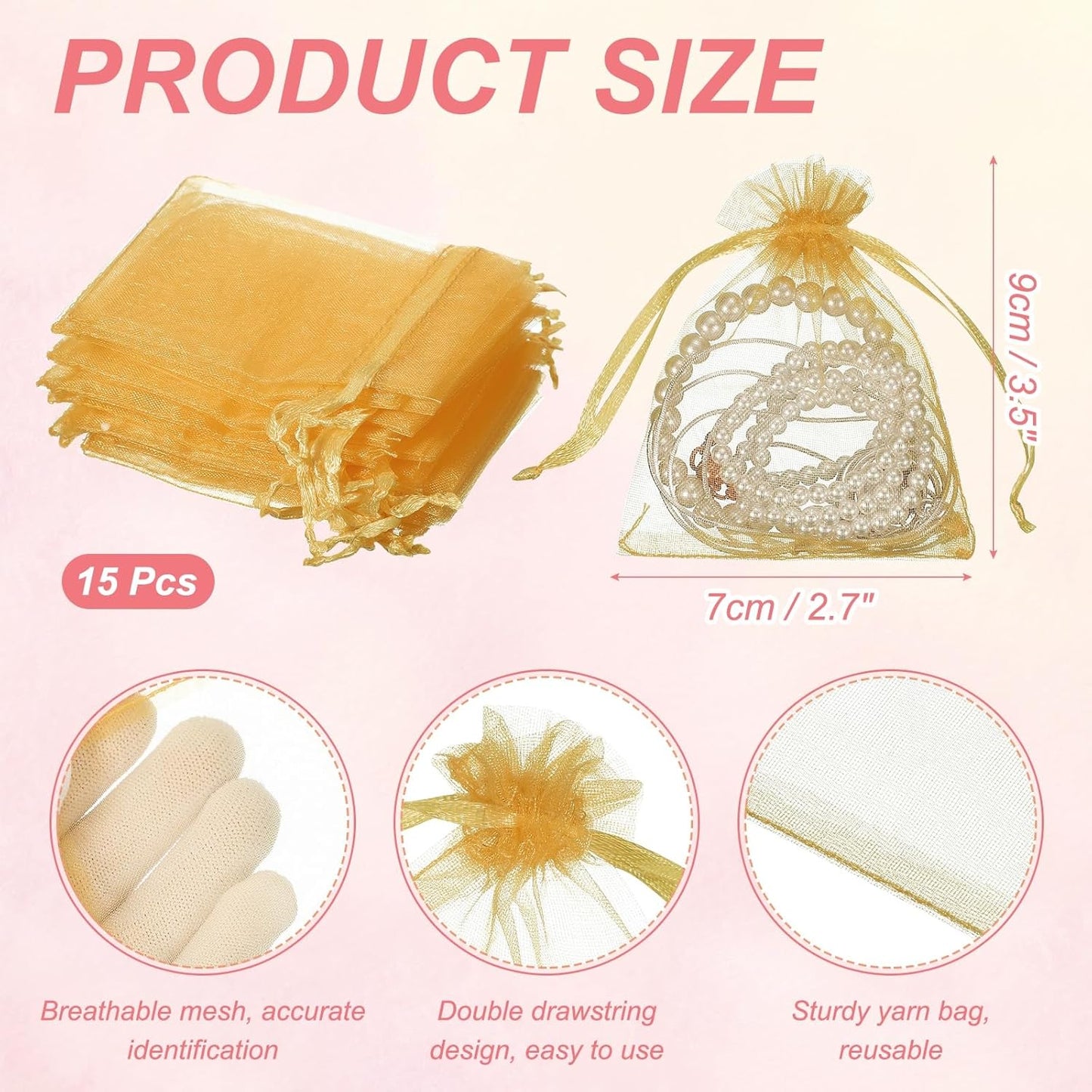 uxcell 50 Pcs Organza Gift Bags, 2.7x3.5 Inch Drawstring Pouches Jewelry Gift Bags, Small Wedding Favor Pouches for Christmas Birthday Wedding Goodie Candy Candle, Gold