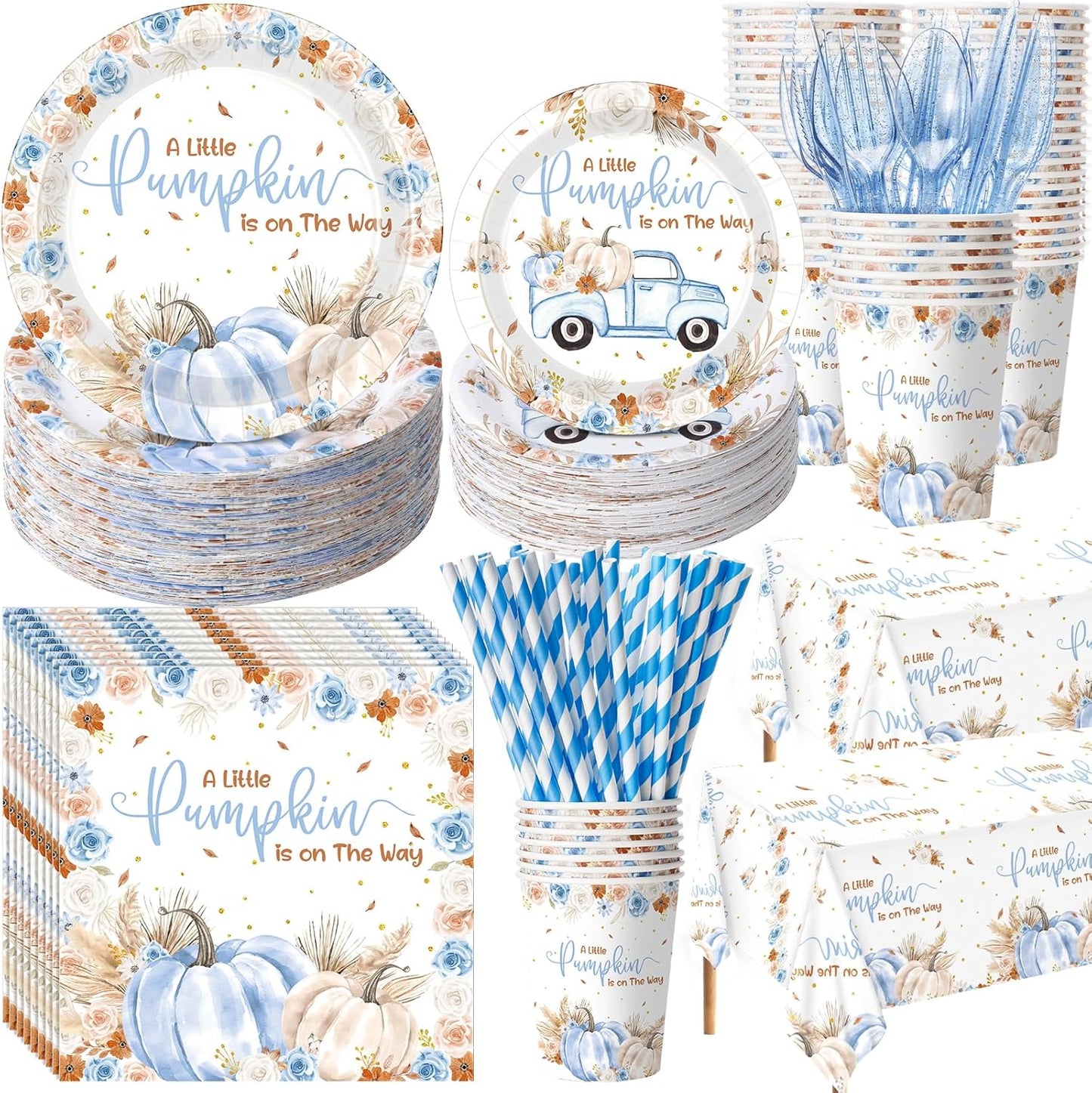 452 Pcs Little Pumpkin Baby Shower Decorations for 50, Blue A Little Pumpkin Is on the Way Paper Plates Napkins Cups Tablecloth Cutlery Straws for Autumn Fall Thanksgiving Party Supplies