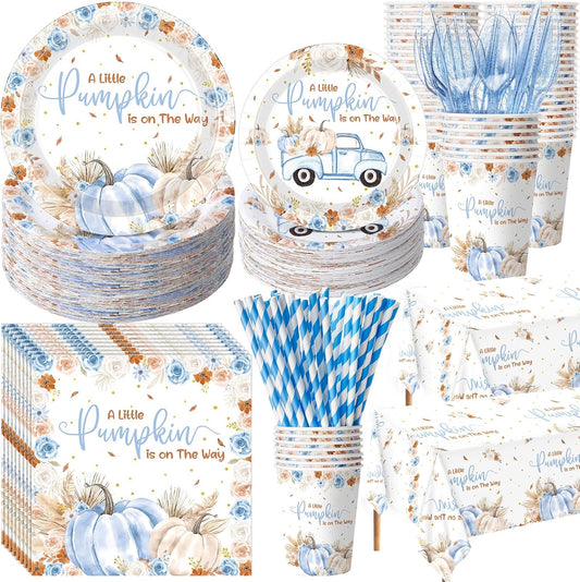 452 Pcs Little Pumpkin Baby Shower Decorations for 50, Blue A Little Pumpkin Is on the Way Paper Plates Napkins Cups Tablecloth Cutlery Straws for Autumn Fall Thanksgiving Party Supplies