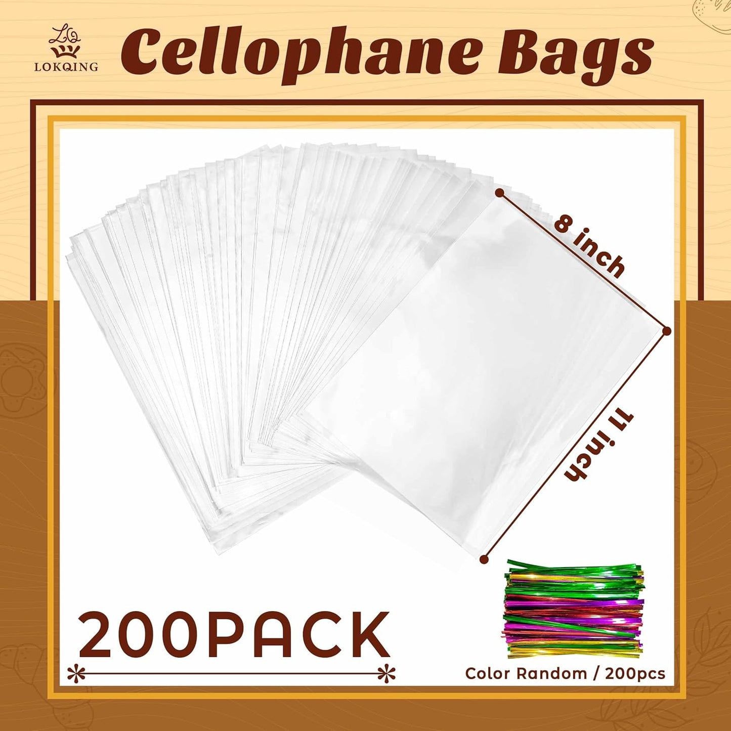 LOKIQNG Cellophane Bags Plastic Gift Bag Clear Cookie Treat Bags with Twist Ties for Party Favor Bag(200 Pack, 8x11inch)