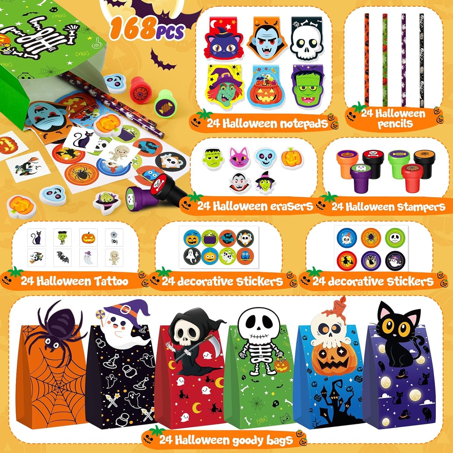 Halloween Party Favors for Kids,192pcs Halloween Stationery gift kit,Halloween Miniatures Prizes,Trick or Treat Goodie Bag Fillers including Notepad, Stamper, Sticker, Pencil, Eraser, Tattoo sticker