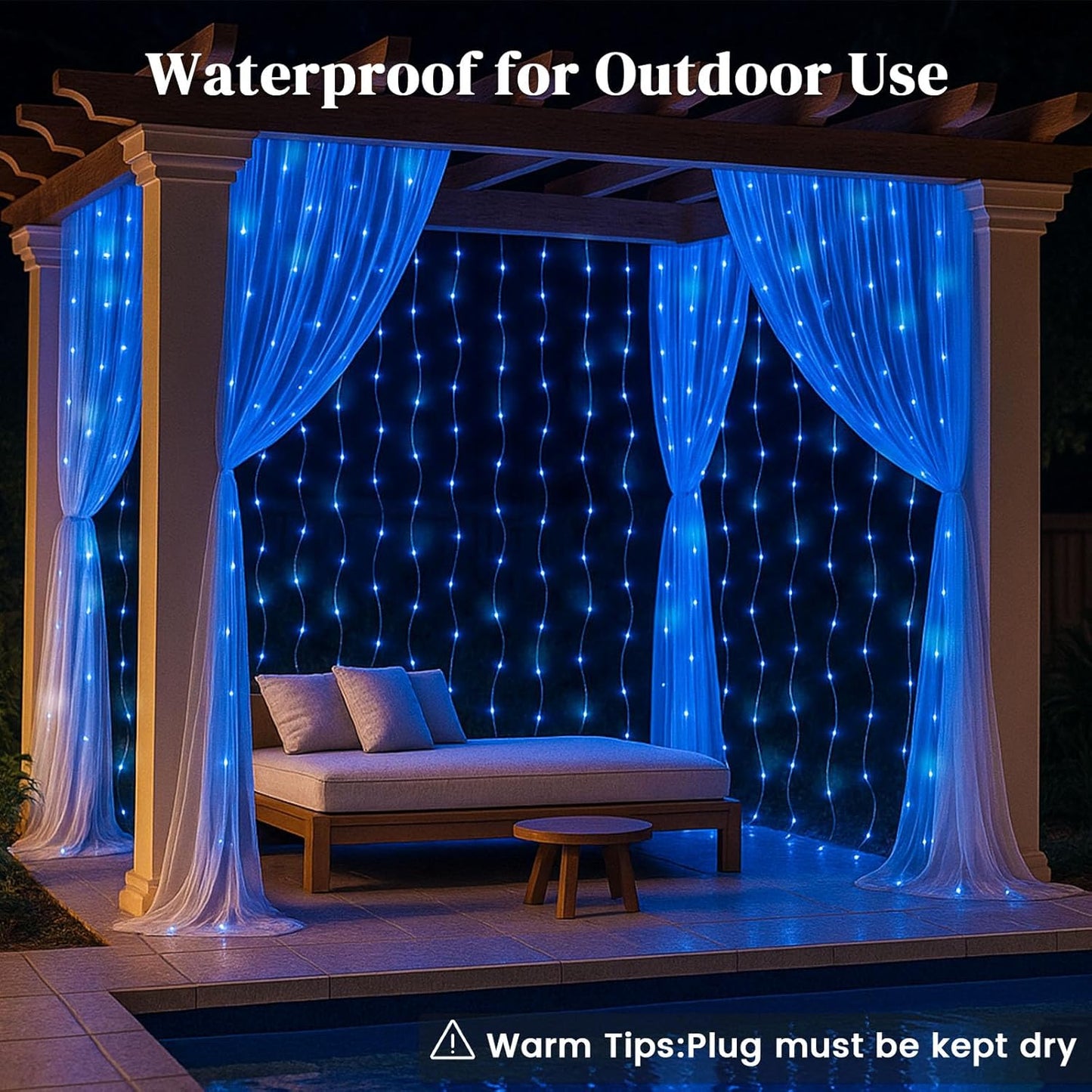 DomeStar 300 LED Fairy Curtain Lights, 9.8ft x 9.8ft Battery Operated with 8 Modes Remote Christmas Waterproof String Hanging Lights for Bedroom Patio Garden Party Wedding Wall Decor (Blue)