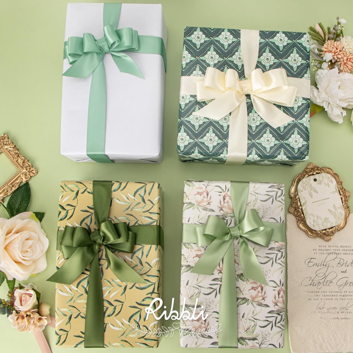 Ribbli Sage Green Satin Ribbon 1 Inch x 4 Rolls Total 40 Yards- Ivory/Sage/Dusty Sage/Moss Green Ribbon for Gift Wrapping Craft Wedding Decoration