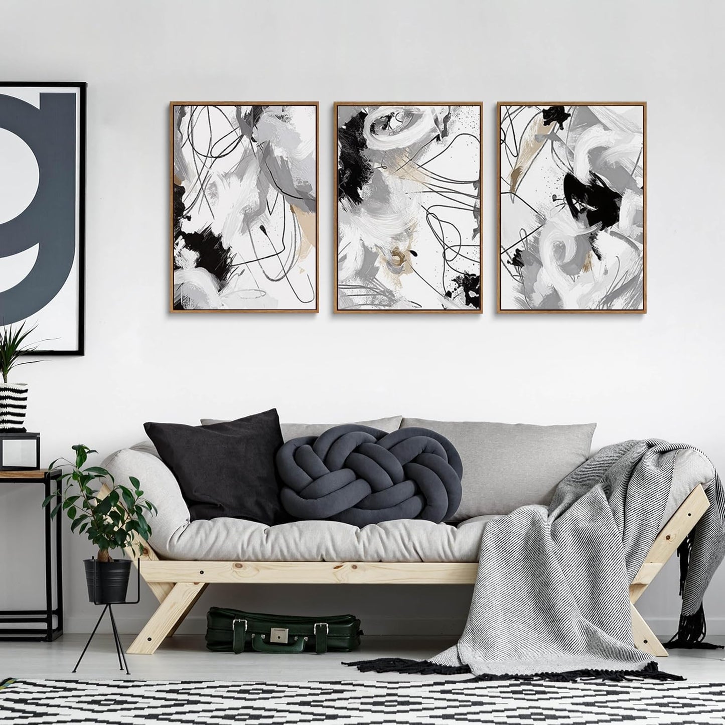 myusuar 3 Piece Large Modern Abstract Canvas Framed Wall Art For Living Room, Black And White Lines Minimalist Wall Art Decor Posters Prints For Bedroom Office, 16x24in