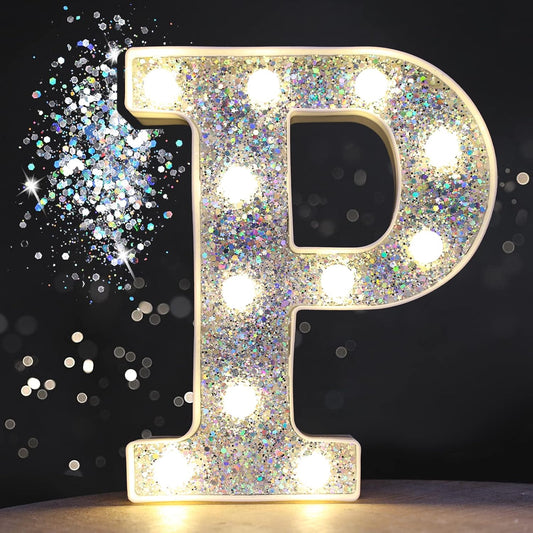 Pooqla Light Up Letters, LED Marquee Letters for Silver Birthday Decorations, Battery Powered Night Light Teenager Girl Room Decor, Gift for Girls Boys Wedding Bedroom Christmas Party Decor, Letter P