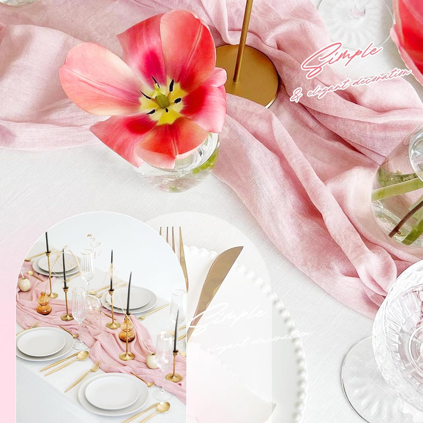 Aktor 4 Pack Pink Table Runner Boho Cheesecloth Table Runner Semi Sheer Gauze Fabric Runners for Wedding Birthday Baby Shower Party Boho Table Decoration（Pink）