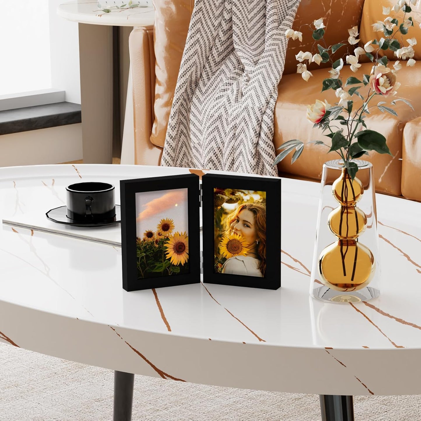 decorUhome Double 4x6 Picture Frame Vertical, Engineered Wood Bifold Photo Frame with Plexiglass for Tabletop Display, 4x6, Black