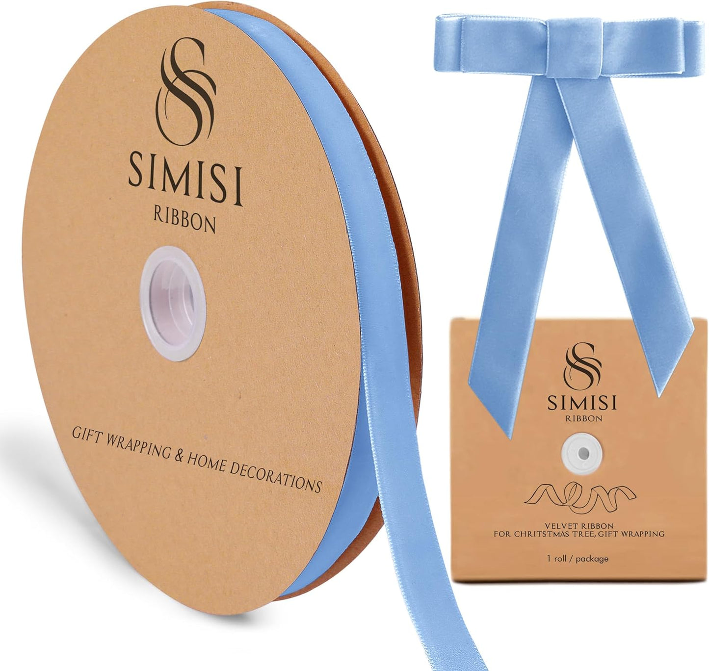 Light Blue Velvet Ribbon 5/8'' 25 Yards for Christmas Tree, Gift Wrapping, Flower Bouquet, Wreath Decorations, Bow Making