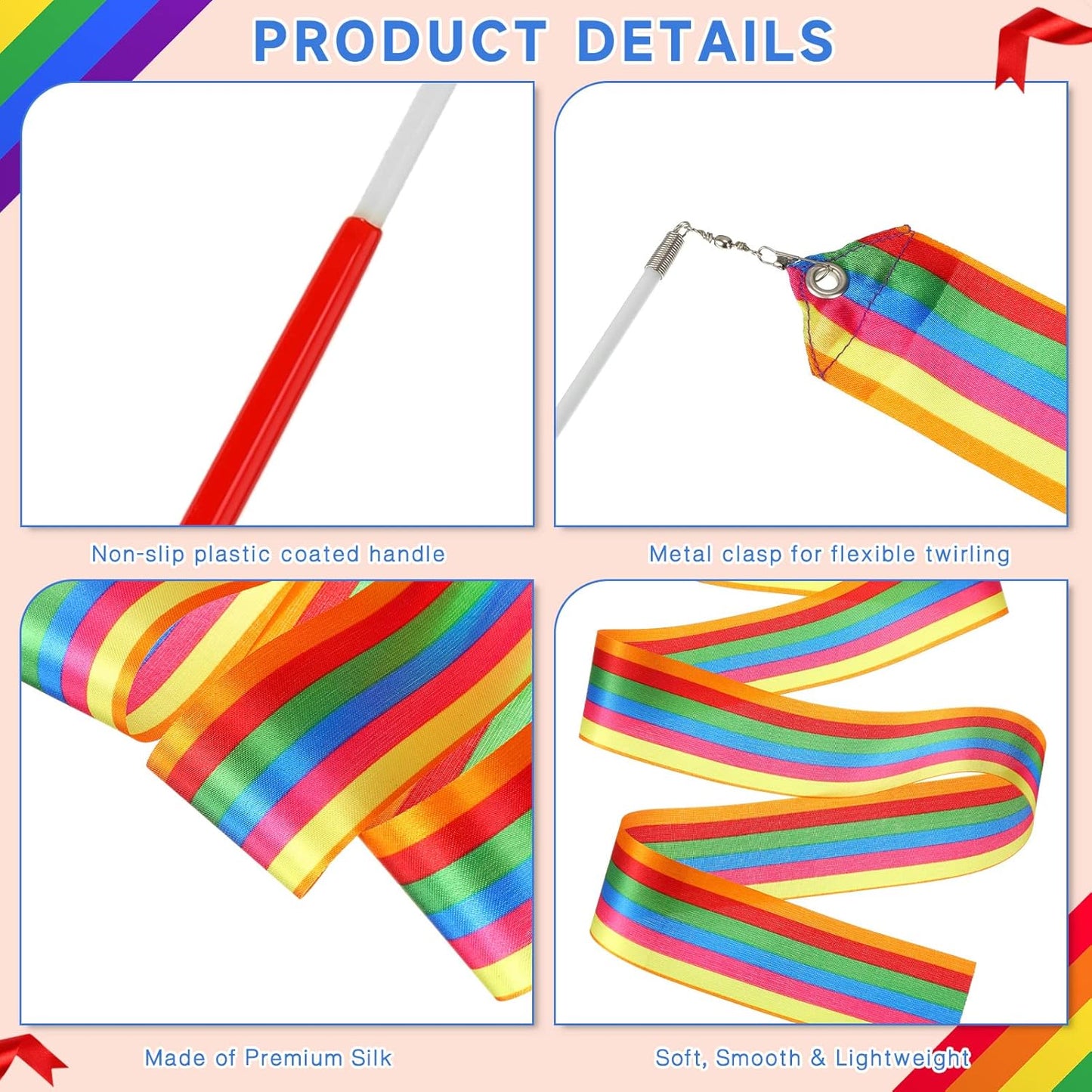 Yilloog Ribbon Dancing Wands Party Favors, 78.7 Inch Gymnastics Ribbon Streamers Rainbow Artistic Ribbon Dancer Twirling Wands, Rainbow Birthday Decorations, Girls Party Games