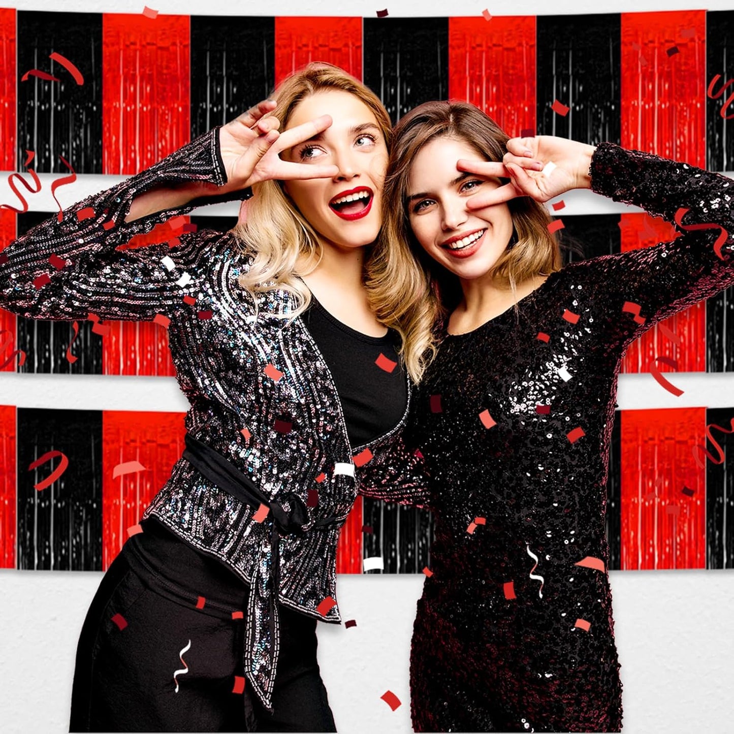 6 Pack 10 Feet Black Red Foil Fringe Garland Metallic Tinsel Streamers Banner Wall Hanging Curtain Backdrop for Parade Floats, Birthday, Graduate, Mother's Day, Wedding Party Decoration