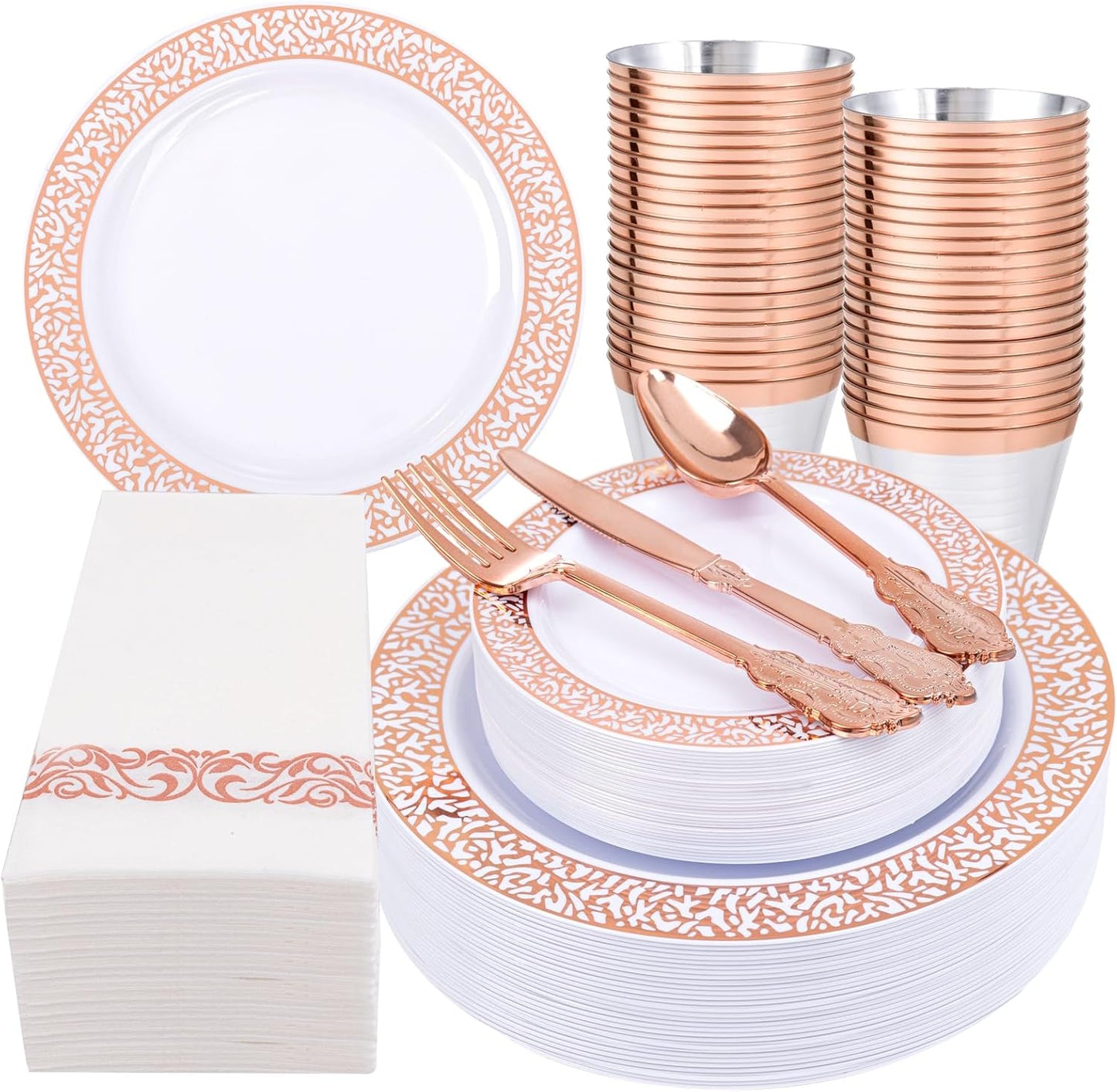 Festiva 350PCS Rose Gold Plastic Dinnerware Set - Disposable Lace Rose Gold Plates and Napkins Party Supplies - include plates,napkins,cups,silverware - Serve for 50 Guests Party&Wedding&Mother's Day