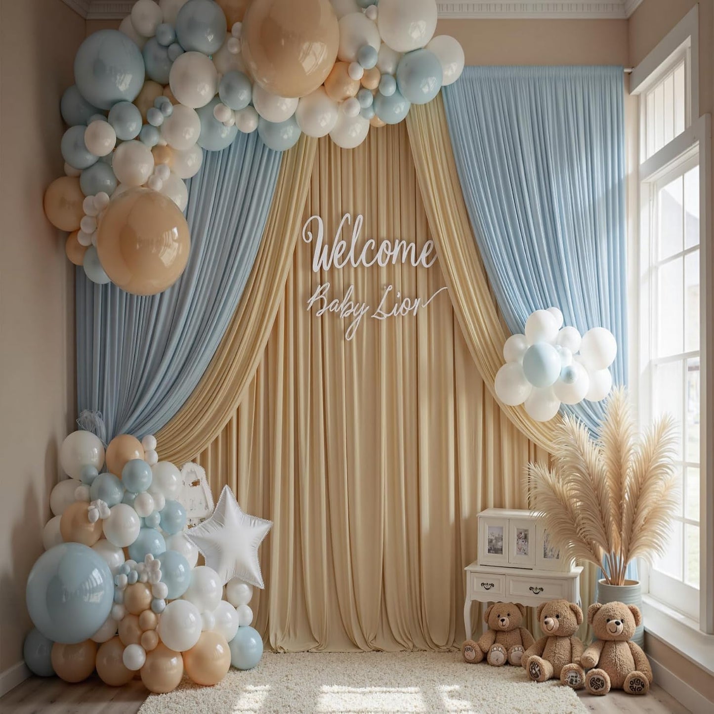 40×14 ft Wrinkle Free Beige Backdrop Curtain for Weddings Parties, 8 Panels 14ft Silky Polyester Wedding Drapes Backdrop Photo Back Drop Cloth for Birthday Baby Shower Photography Backgrounds