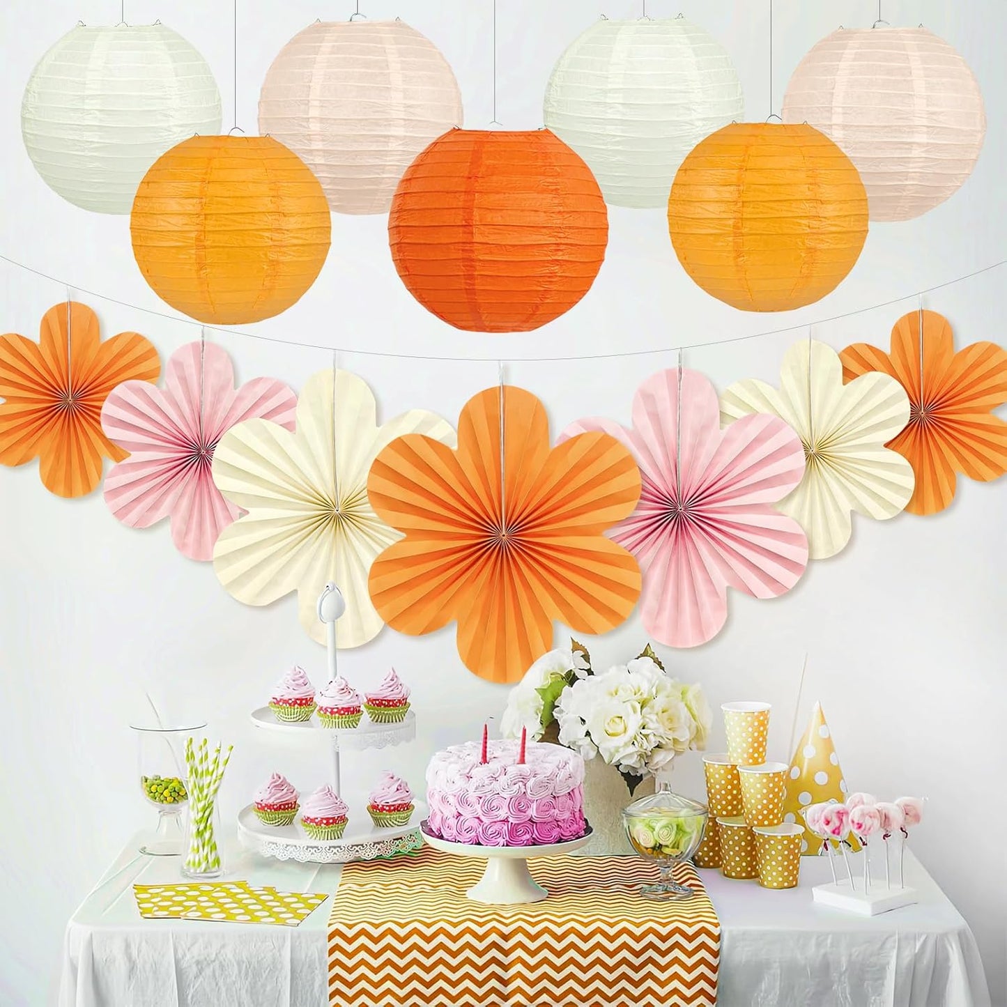18Pcs Fall Pink and Orange Party Decorations, Hanging Paper Lanterns Flowers Fans for Girls Women Wall Baby Shower One Sweet Peach Thanksgiving Bachelorette Sunset Birthday Fall Party Decorations
