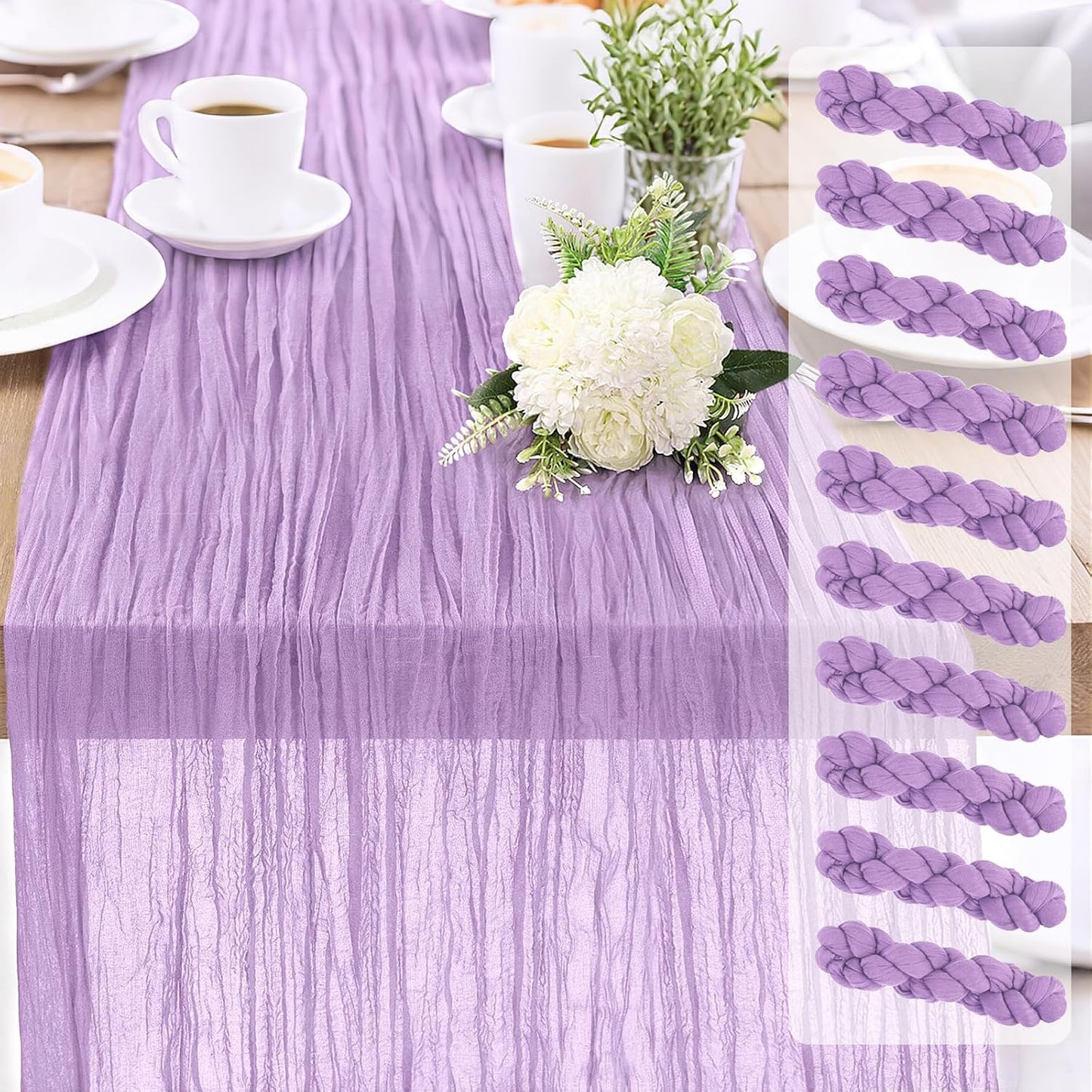 10-Pack Lilac Cheesecloth Table Runners – 10FT (35x120 Inch) Boho Rustic Gauze Fabric Cheese Cloth Table Runner for Weddings, Baby Showers, Bridal Shower, Farmhouse & Birthday Party Decor