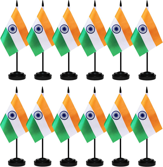 12 Pack India Desk Flags Set, Indian Small Mini Table Office Flags with 12" Solid Black Pole, 8.2 x 5.5 Inches, Home and Office Decoration, Festival Celebrations