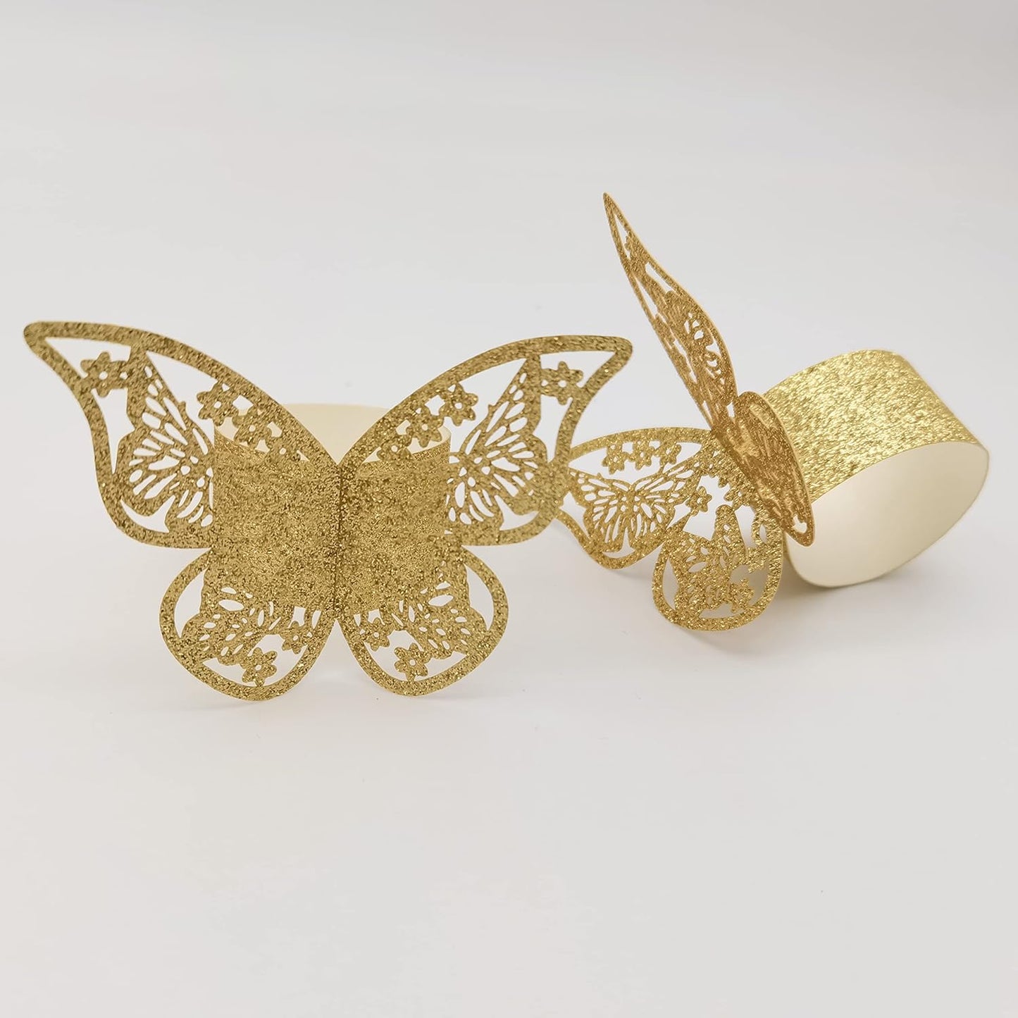 Butterfly Bright Gold Paper Napkin Rings Set of 100 pcs，3D Laser Cut Foil Cutout Paper Napkins Holder,Disposable Serviette Rings for Tables,Decorations,Wedding,Dinner,Party Decor