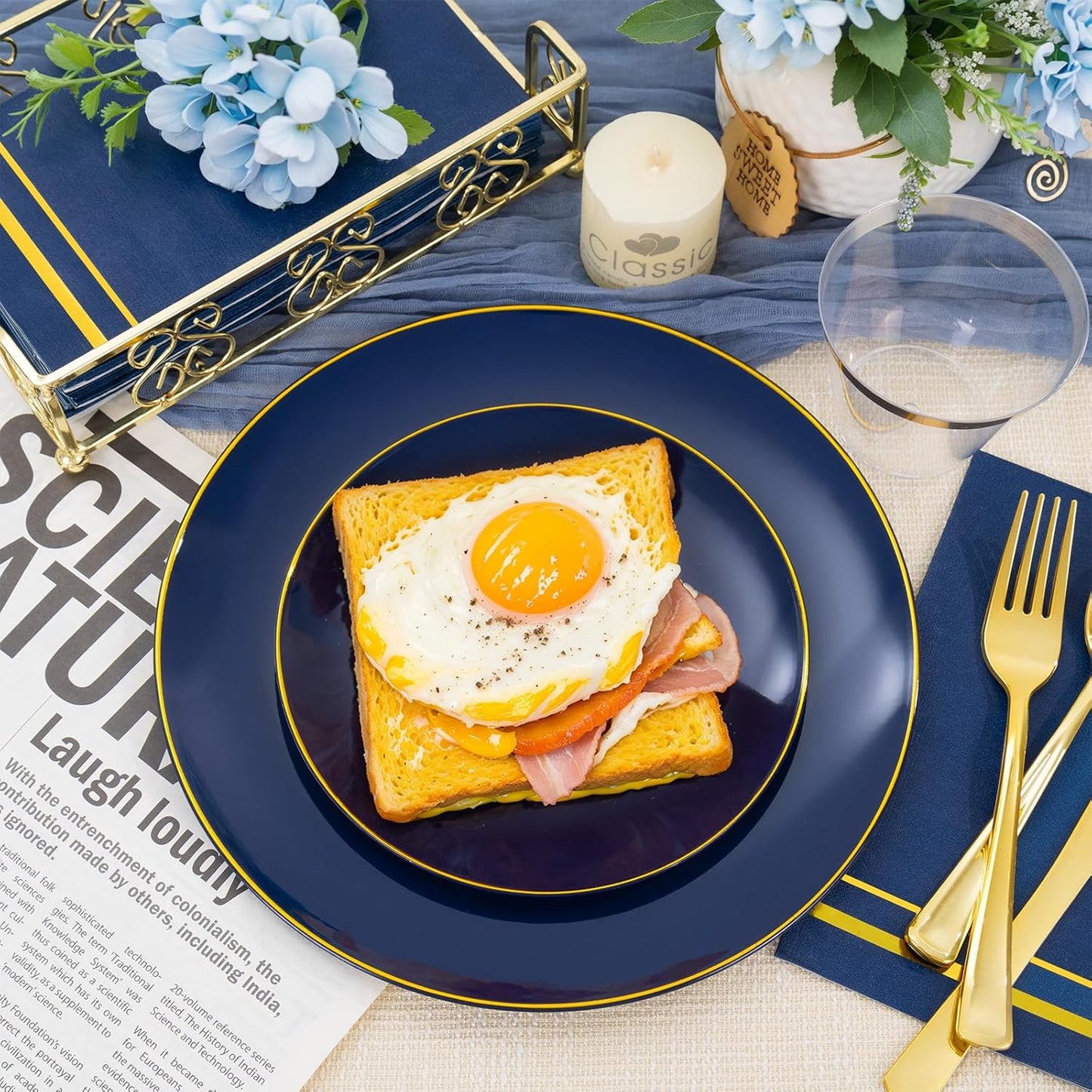 NOCCUR 350PCS Navy Blue Plastic Plates - Blue Disposable Dinnerware Set for 50 Guests, 100 Dinner/Dessert Plates, 150 Gold Silverware, 50 Cups&50 Napkins for Party/Wedding/Hanukkah