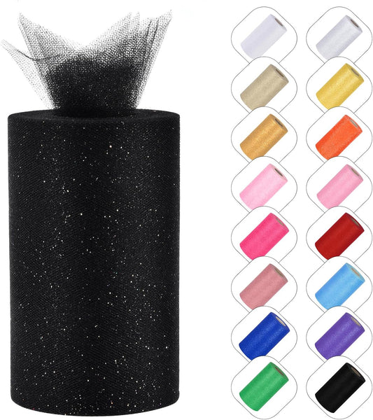 Glitter Tulle Rolls 6” by 50 Yards Sparkle Tulle Fabric Ribbon Sequin Tulle Netting Rolls for DIY Tutu Skirt Wedding Birthday Party Decoration (Black)
