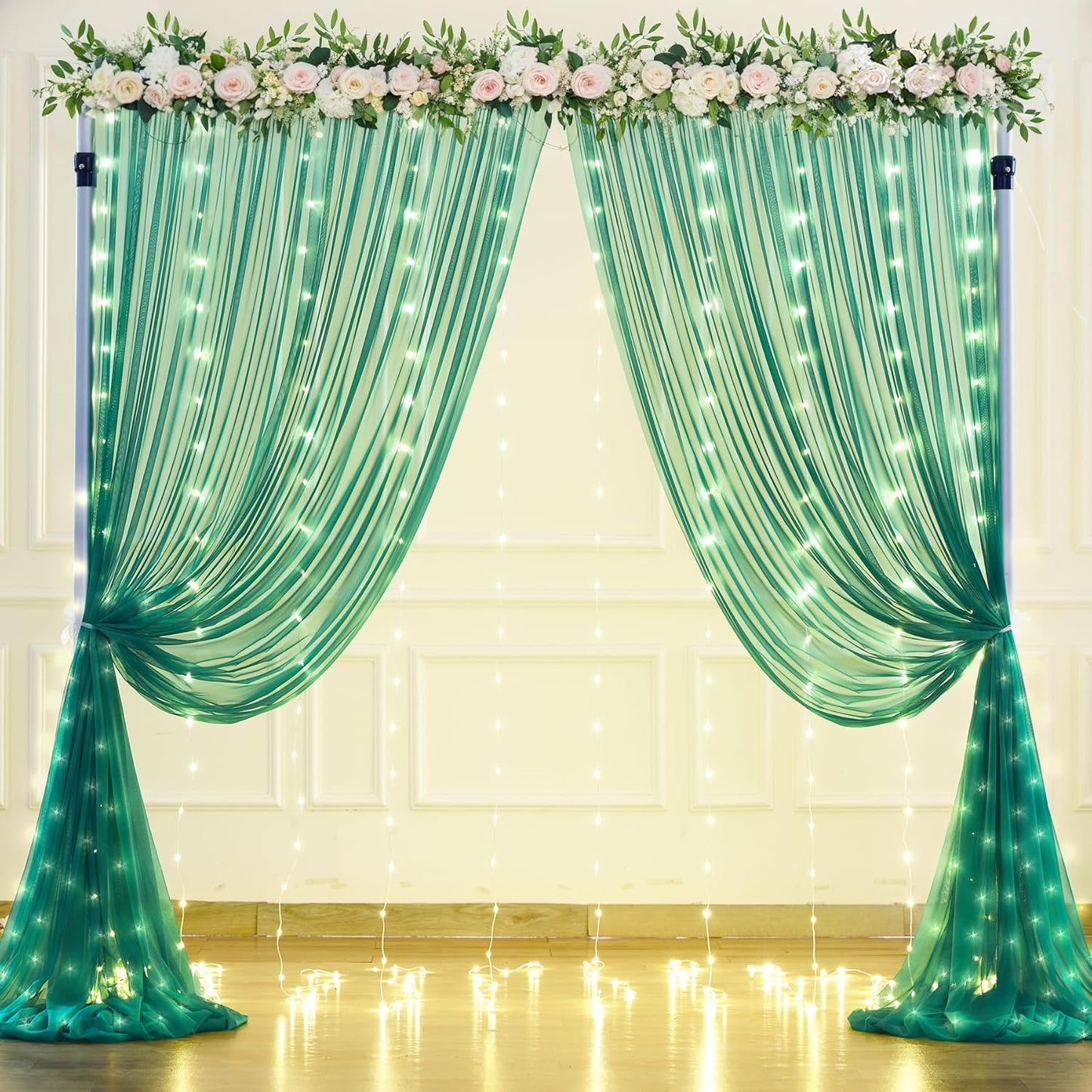 Hunter Green Tulle Backdrop Curtains with Lights String for Parites 10x10ft Sheer Backdrop Curtains Drapes for Birthday Party Bridal Shower Baby Shower Photo Booth Background Decorations