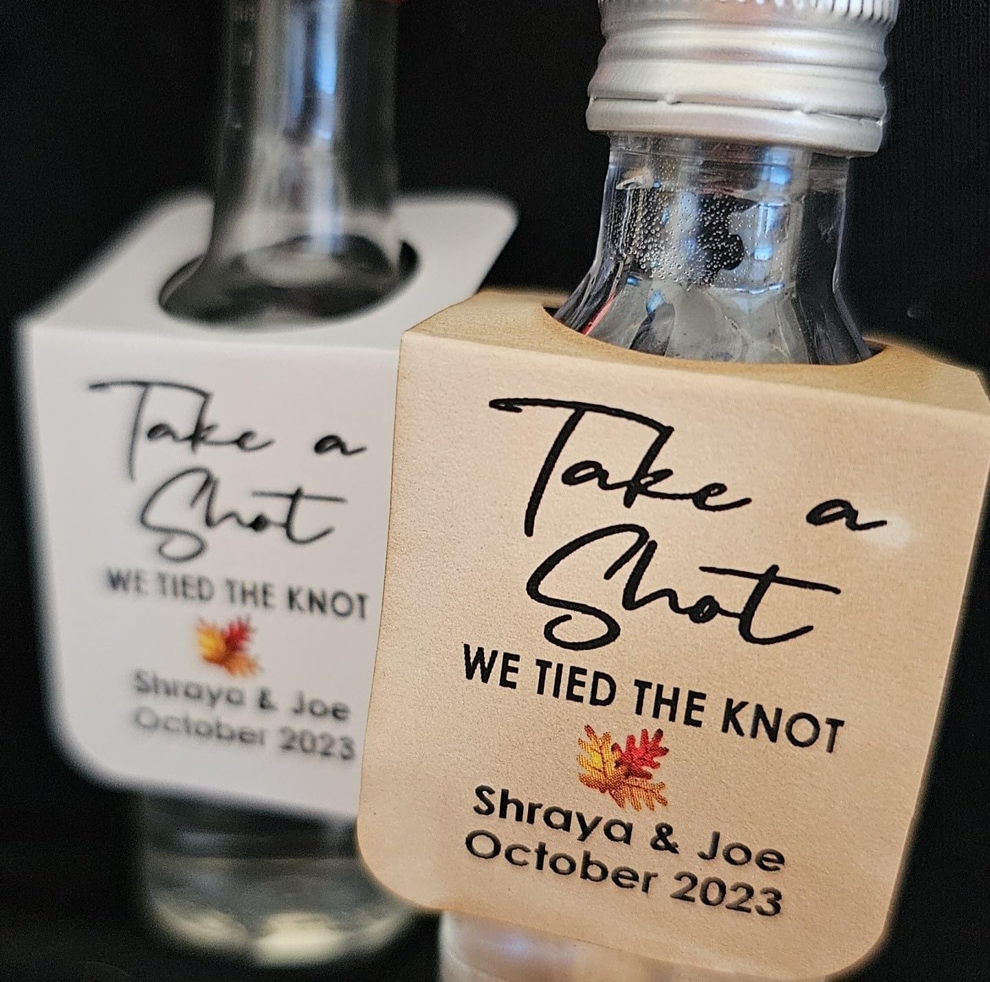 Take a Shot We Tied (or are Tying) The Knot (Rectangle Tags) 1.5" x 3" with Hanging Hole, Set of 25 Tags Personalize with Names,