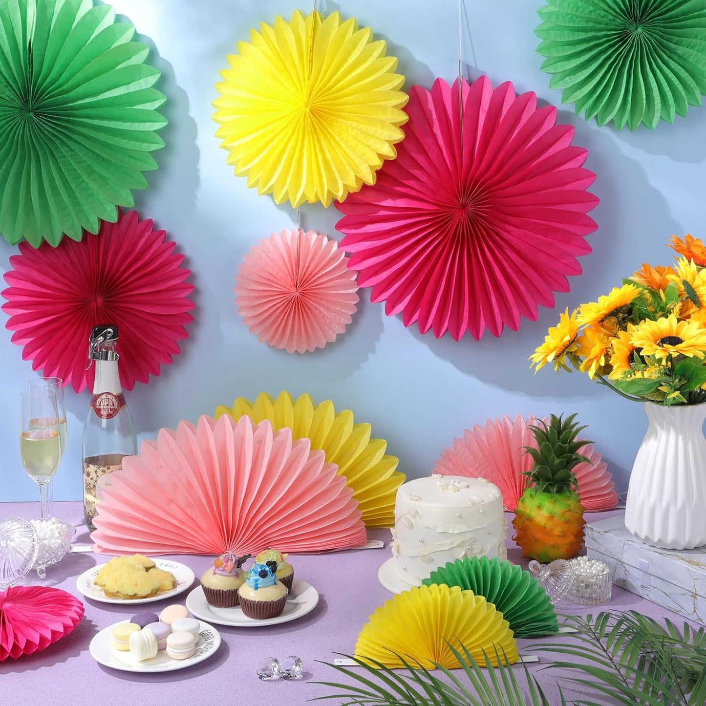 24 Pcs Colorful Paper Fans Party Hanging Decorations Rainbow Classroom Wall Decor Pink Green Rose Red Yellow Background Ceiling Decor for Birthday Wedding Baby Bridal Shower Engagement