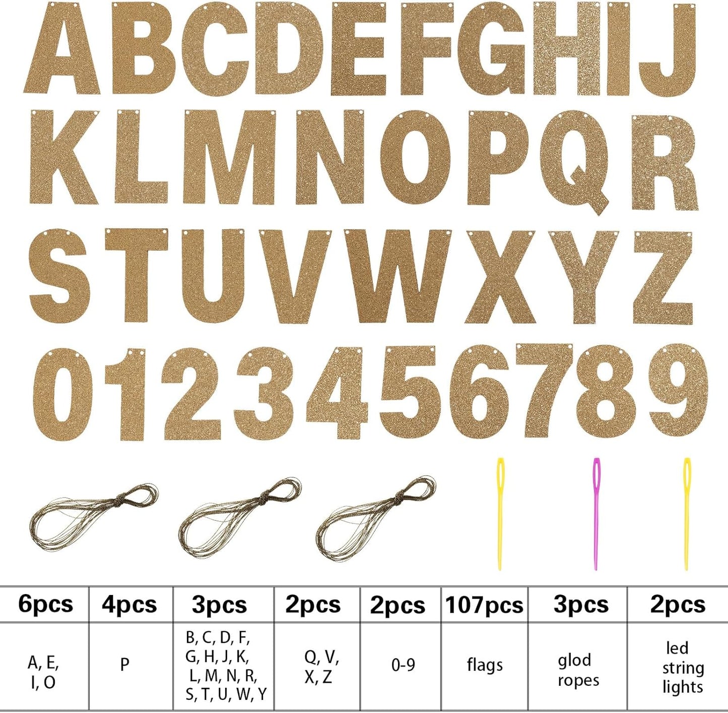 TaoBary 112 Pcs DIY Letter Kit Glitter Customizable Banner Letters Include 107 Letters and Numbers 3 Rope and 2 Needles for Birthday Halloween Christmas Wedding Valentine Party Decor(Champagne Gold)