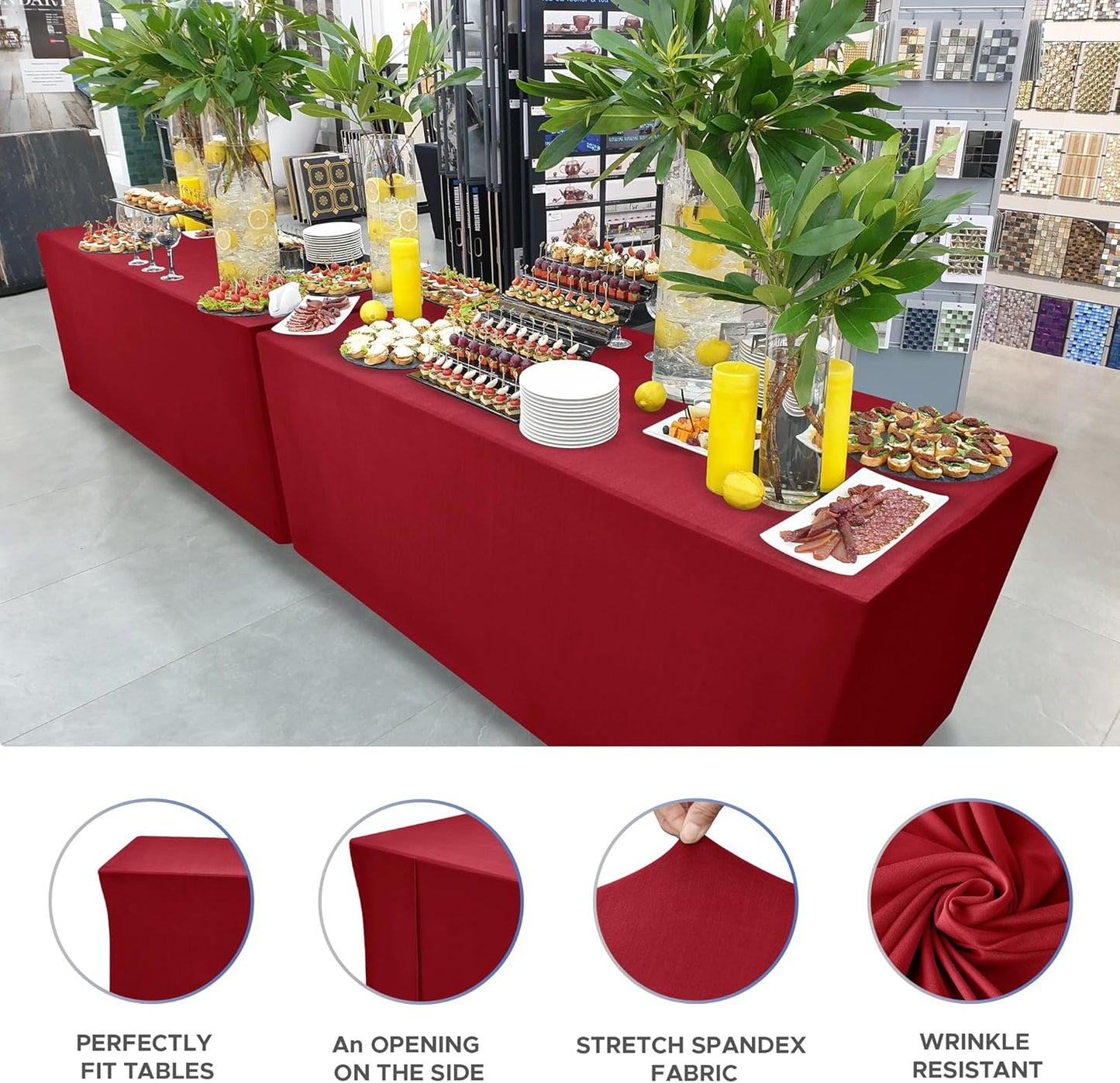 Nasitos Spandex Fitted Tablecloths for 6 Foot Tables - 72 x 30 Inch - 2 Pack Red Stretch Table Clothes, Wrinkle Resistant Rectangle Table Covers for Parties, Trade Show, Craft Show, Birthday
