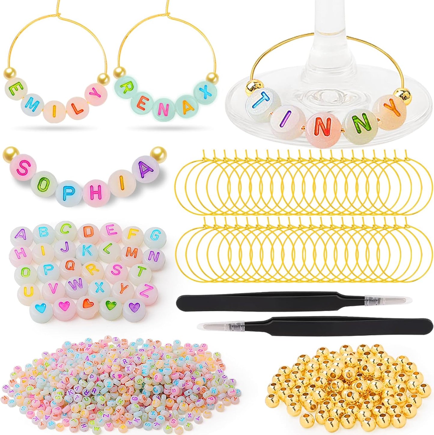 60 Sets DIY Wine Glass Charms – 780 Letter Beads 120 Gold Beads 60 Charm Rings 2 Tweezers, Drink Identifier Charms Wine Glass Marker Tags for Wedding Cocktail Bachelorette Party Decoration (Luminous)