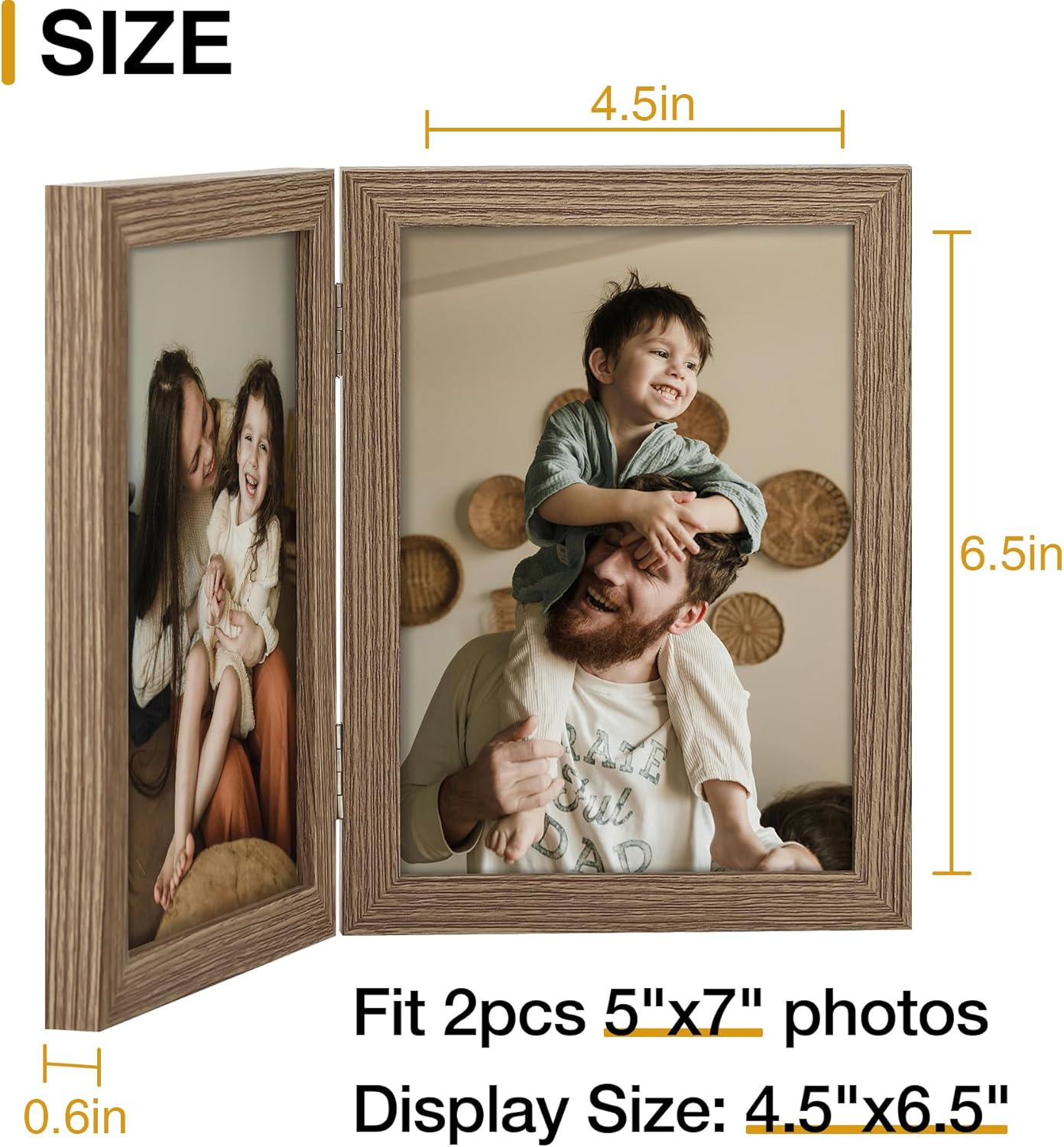 decorUhome Double 5x7 Picture Frame Vertical, Engineered Wood Bifold Photo Frame with Plexiglass for Tabletop Display, 5x7, Oak