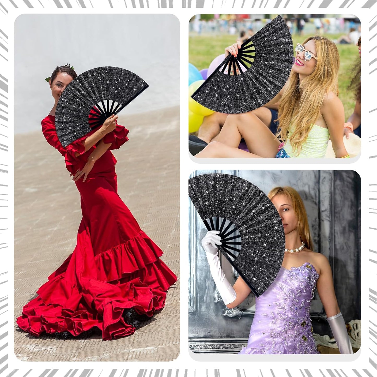 Thyle 6 Pcs Large Folding Fan for Line Dancing Bulk Boots on The Ground Hand Fan Black Popping Clapping Party Favors Decoration Gift for Edm Festival Club Summer(Classical)