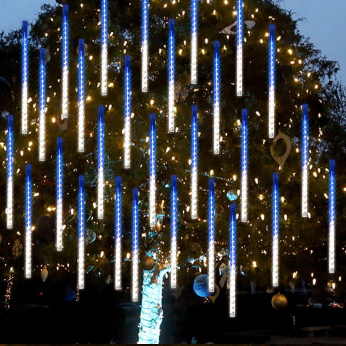 Dazzle Bright 288 LED Christmas Light, 11.8 Inch Meteor Shower Rain Lights with 8 Tubes，Waterproof Plug in Falling Rain Lights Christmas Decorations for Xmas Bushes Tree Yard Party, Blue and White