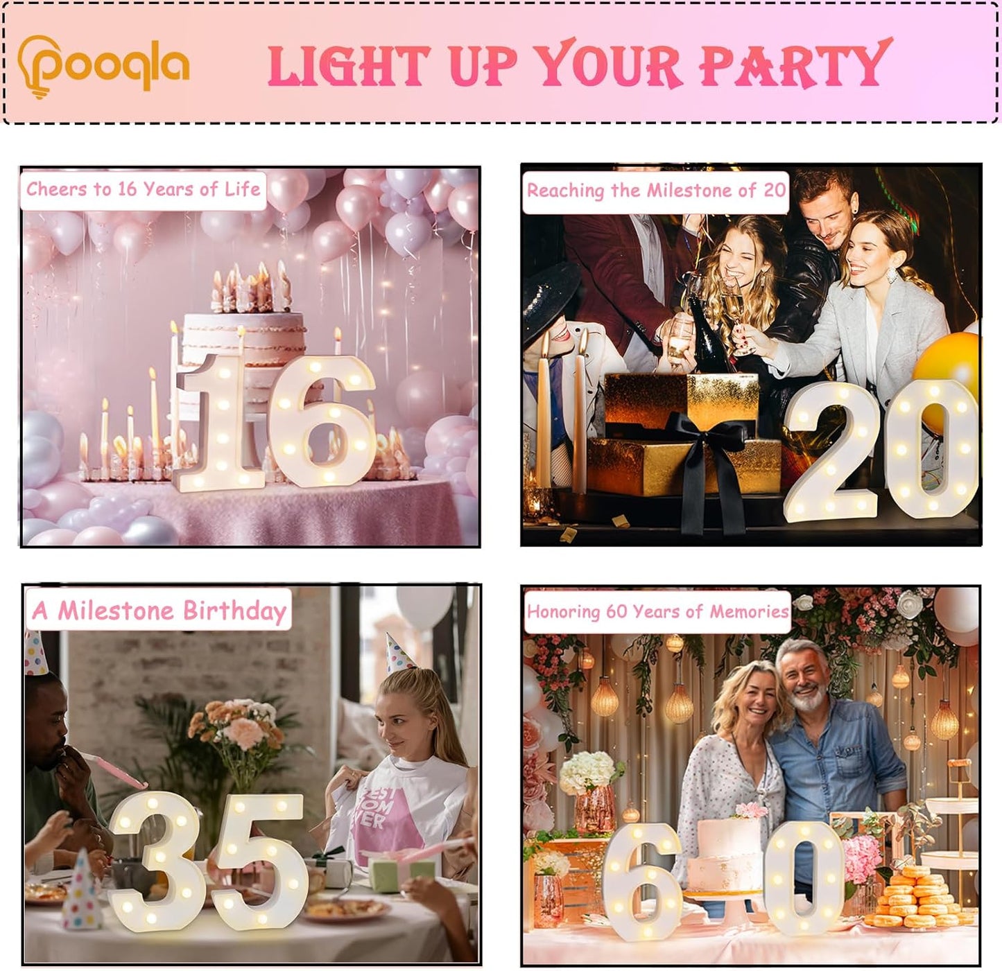 Pooqla Decorative LED Light Up Number Letters, White Plastic Marquee Number Lights Sign for 65th Birthday Party Wedding Decor, Battery Operated (65)